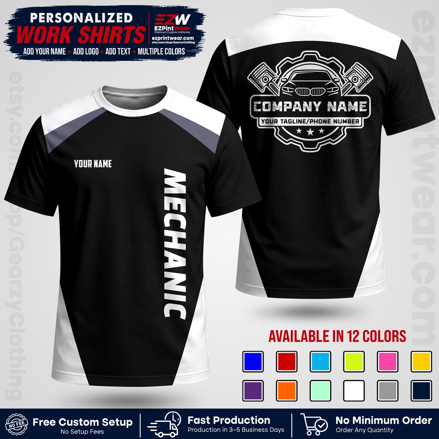Custom Mechanic Work Shirt with Name, Logo & Text | Auto Shop Uniform | Workwear MCN 02