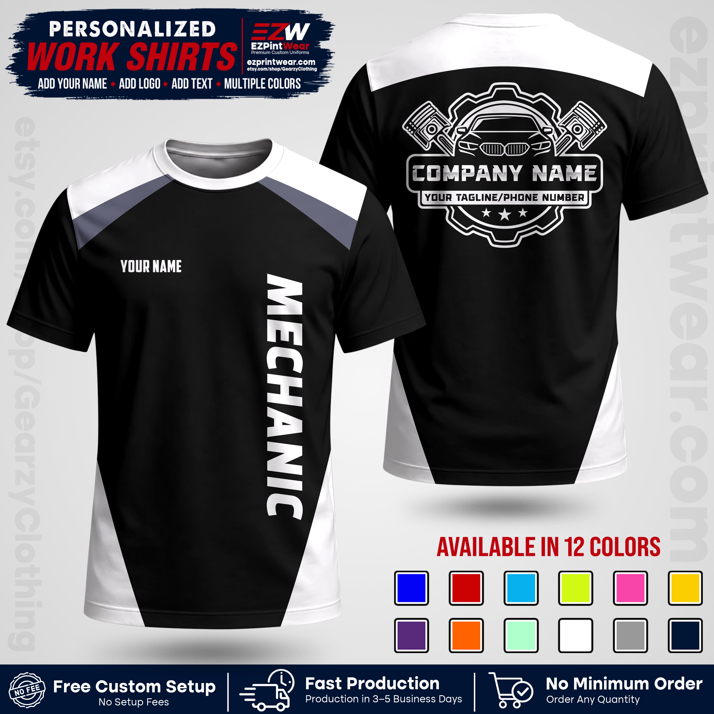 Custom Mechanic Work Shirt with Name, Logo & Text | Auto Shop Uniform | Workwear MCN 02