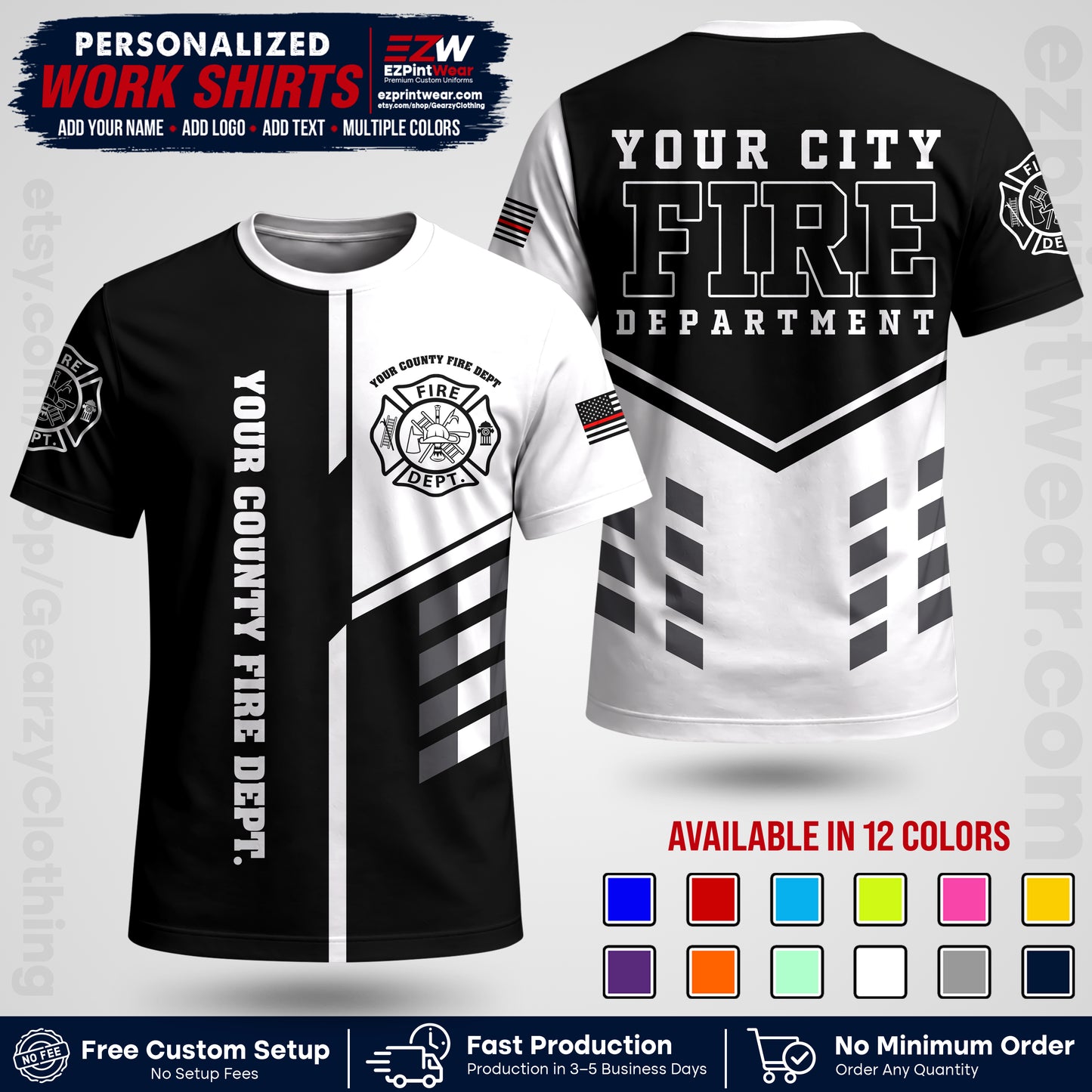 Custom Fire Department Shirt with Name, City Logo & Text | Firefighter Uniform | Button Up Work Shirt FF03