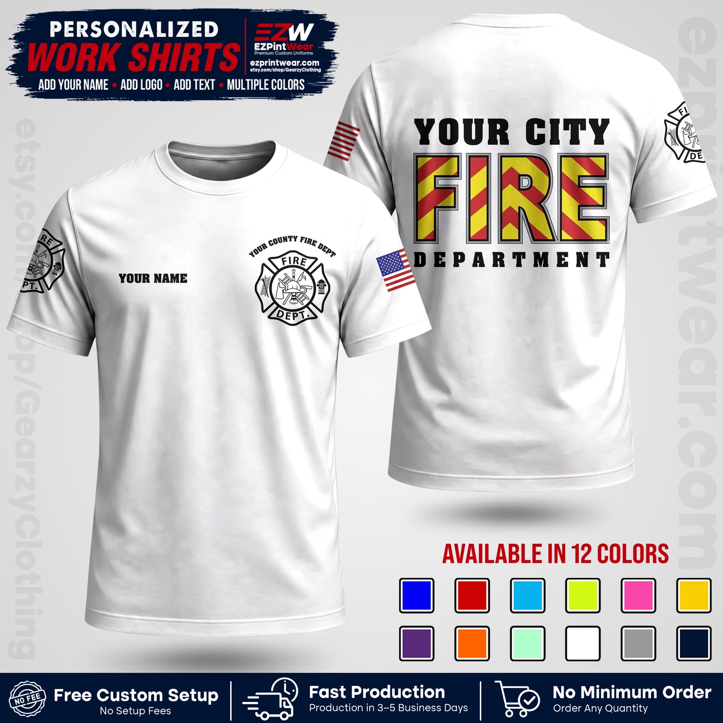 Custom Fire Department Shirt with Name, City Logo & Text | Firefighter Uniform | Button Up Work Shirt FF05