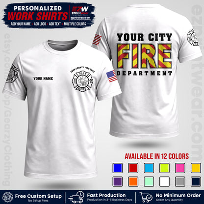 Custom Fire Department Shirt with Name, City Logo & Text | Firefighter Uniform | Button Up Work Shirt FF05