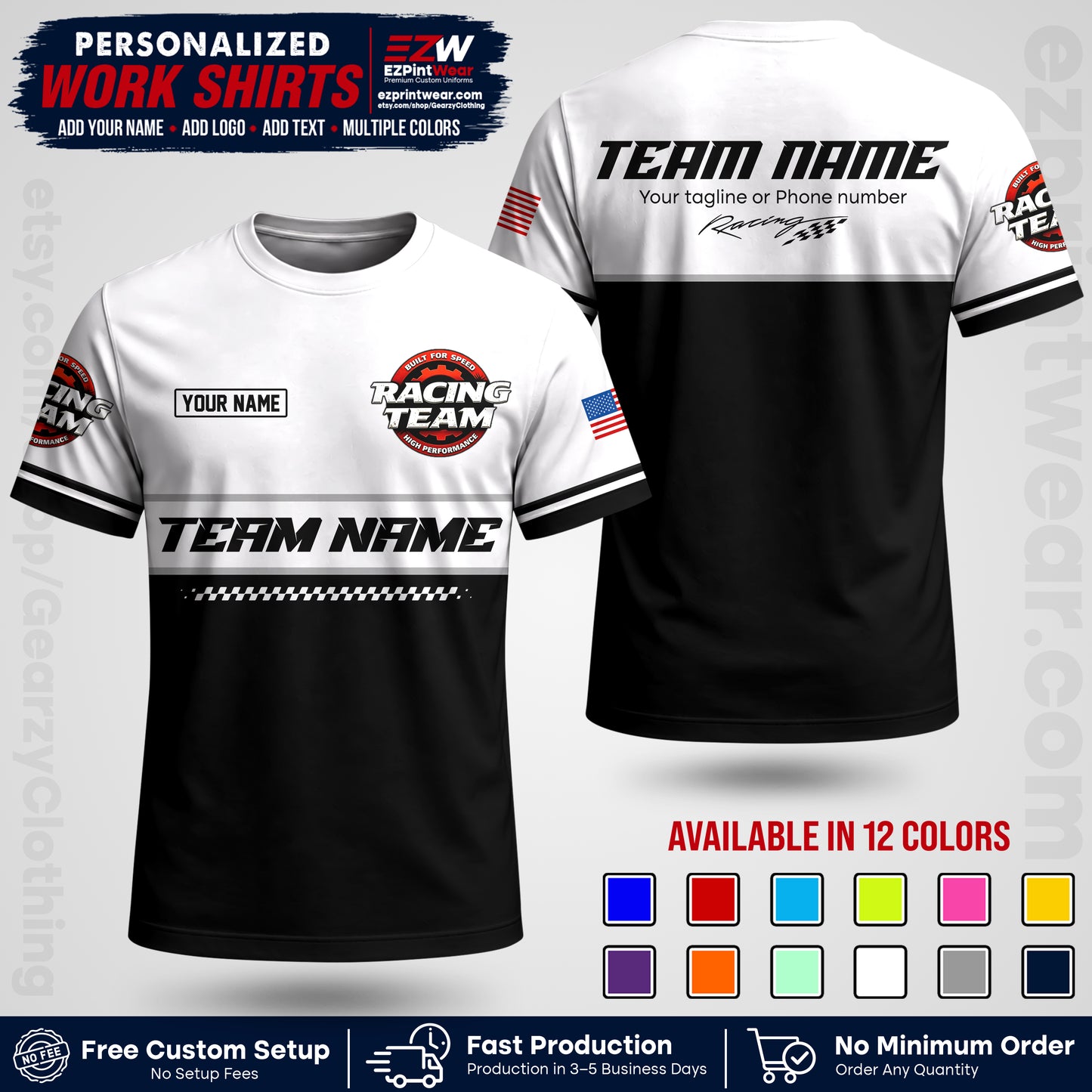 Custom Racing Shirt with Name, Logo & Text | Race Team Uniform | Crew Apparel RC12