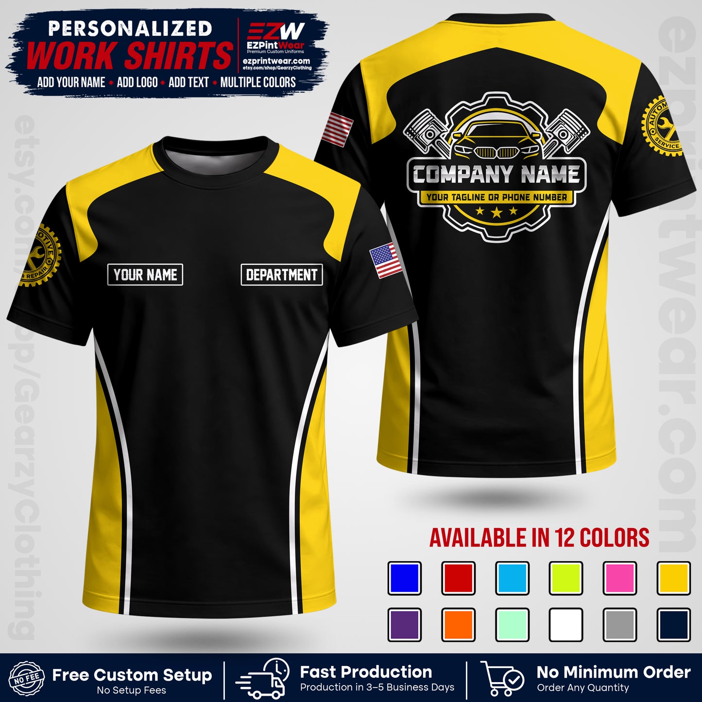 Custom Mechanic Work Shirt with Name, Logo & Text | Auto Shop Uniform | Workwear MCN 10