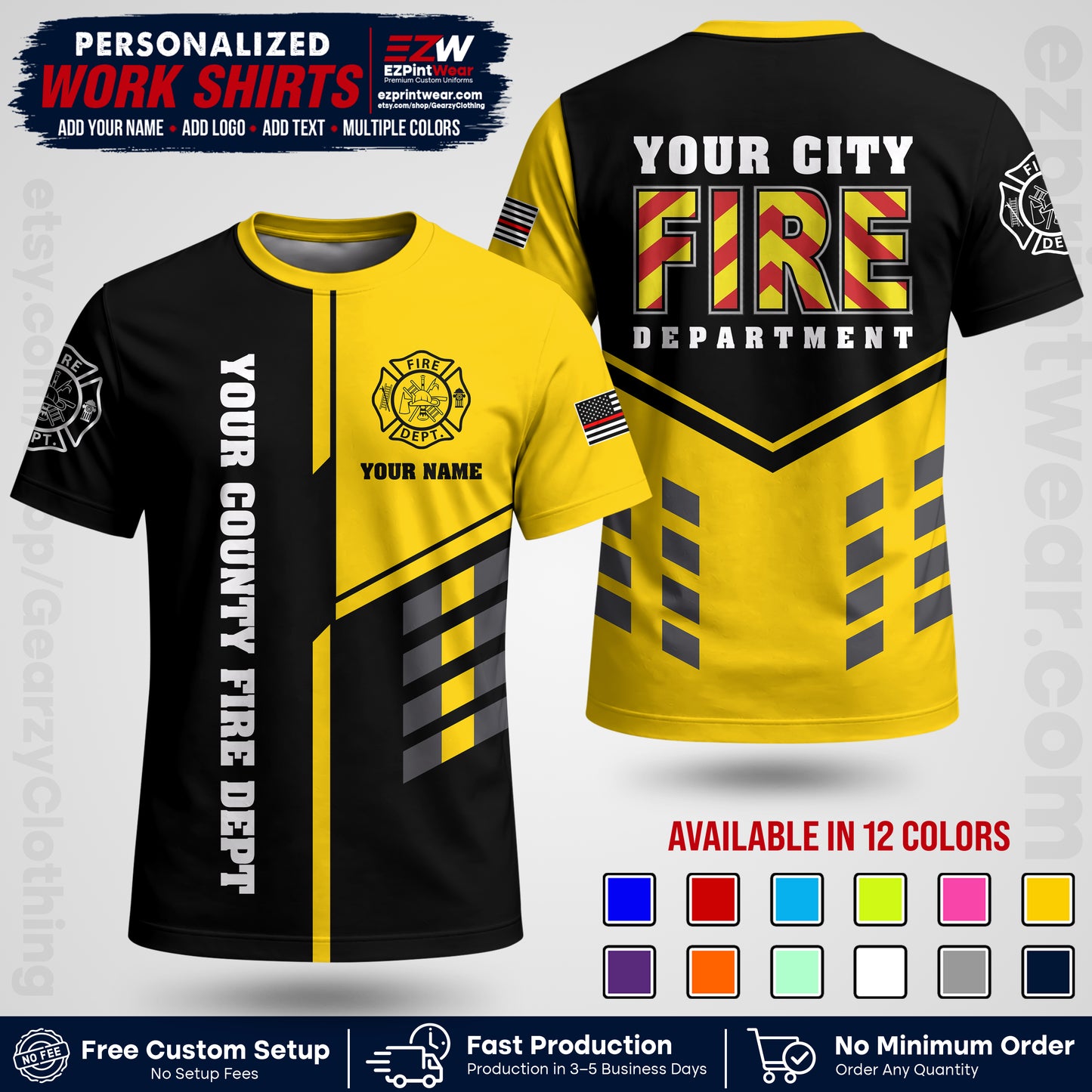 Custom Fire Department Shirt with Name, City Logo & Text | Firefighter Uniform | Button Up Work Shirt FF06