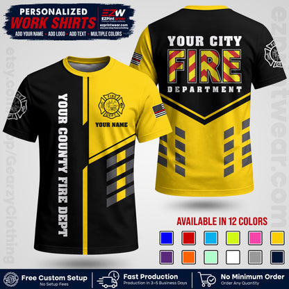 Custom Fire Department Shirt with Name, City Logo & Text | Firefighter Uniform | Button Up Work Shirt FF06