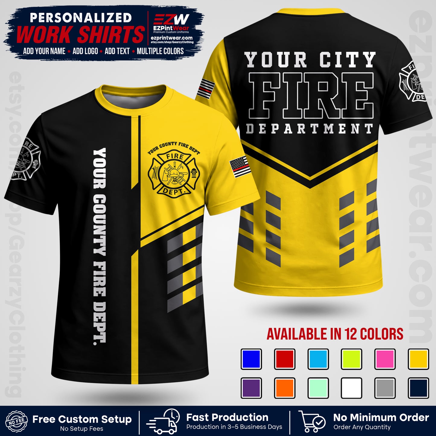 Custom Fire Department Shirt with Name, City Logo & Text | Firefighter Uniform | Button Up Work Shirt FF03