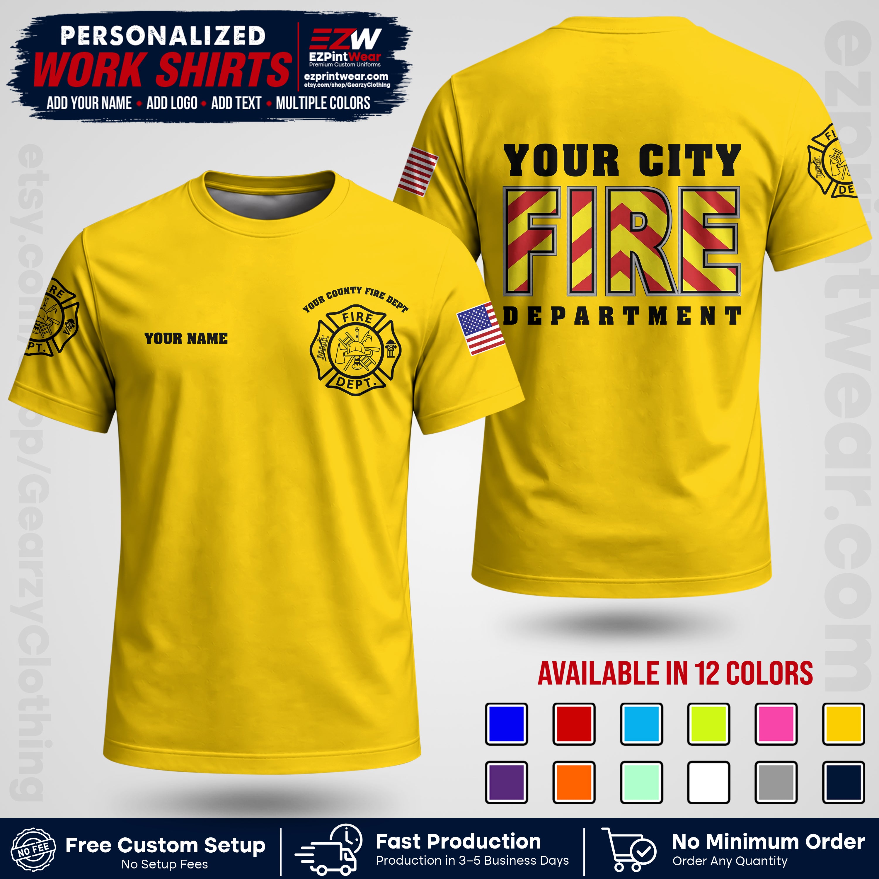 Custom Fire Department Shirt with Name, City Logo & Text | Firefighter Uniform | Button Up Work Shirt FF05