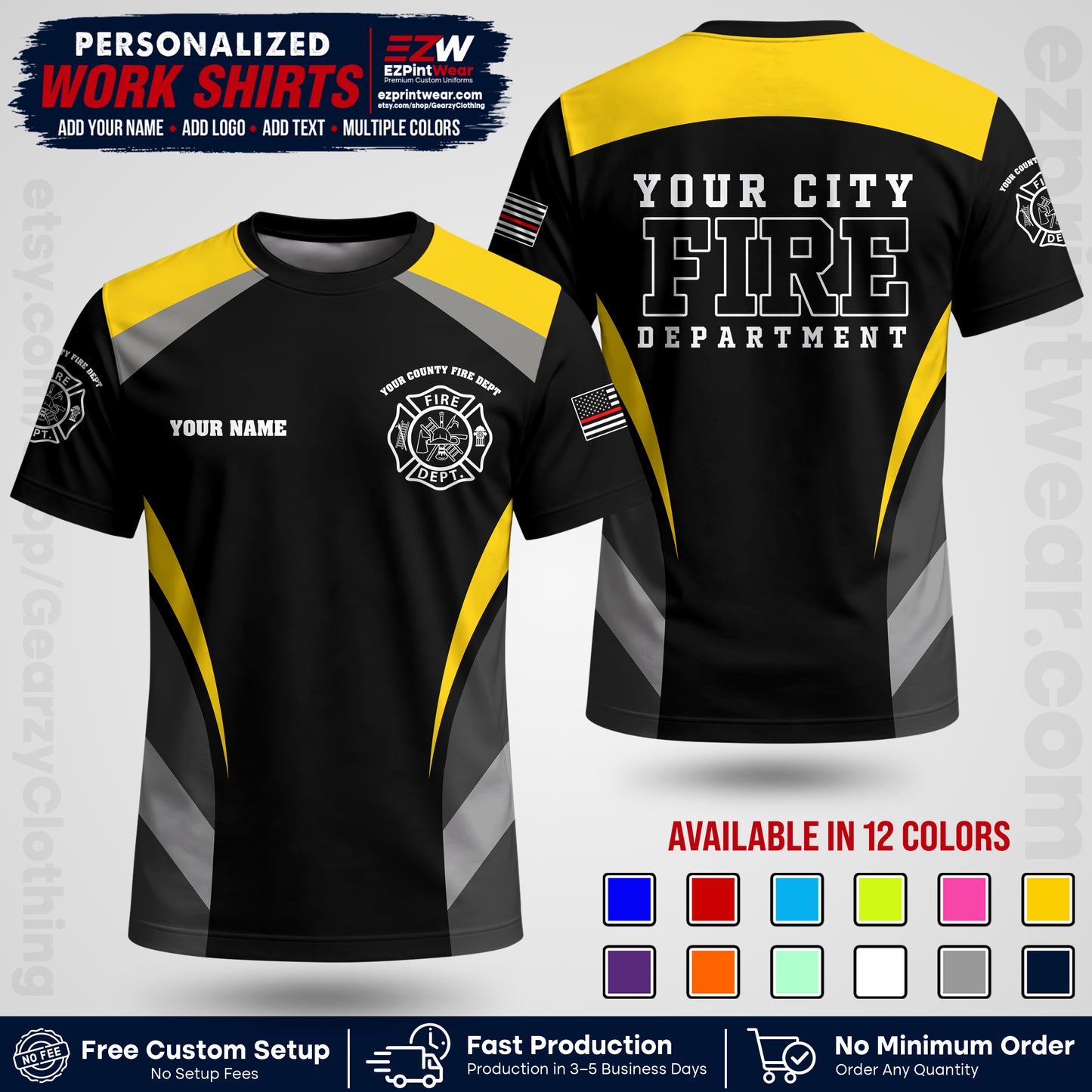 Custom Fire Department Shirt with Name, City Logo & Text | Firefighter Uniform | Button Up Work Shirt FF02