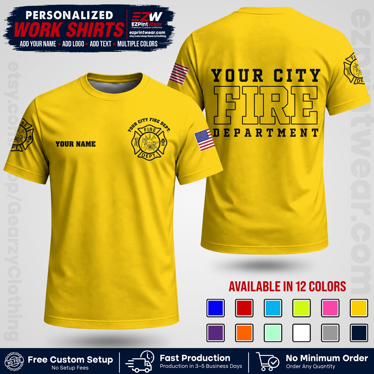 Custom Fire Department Shirt with Name, City Logo & Text | Firefighter Uniform | Button Up Work Shirt FF01