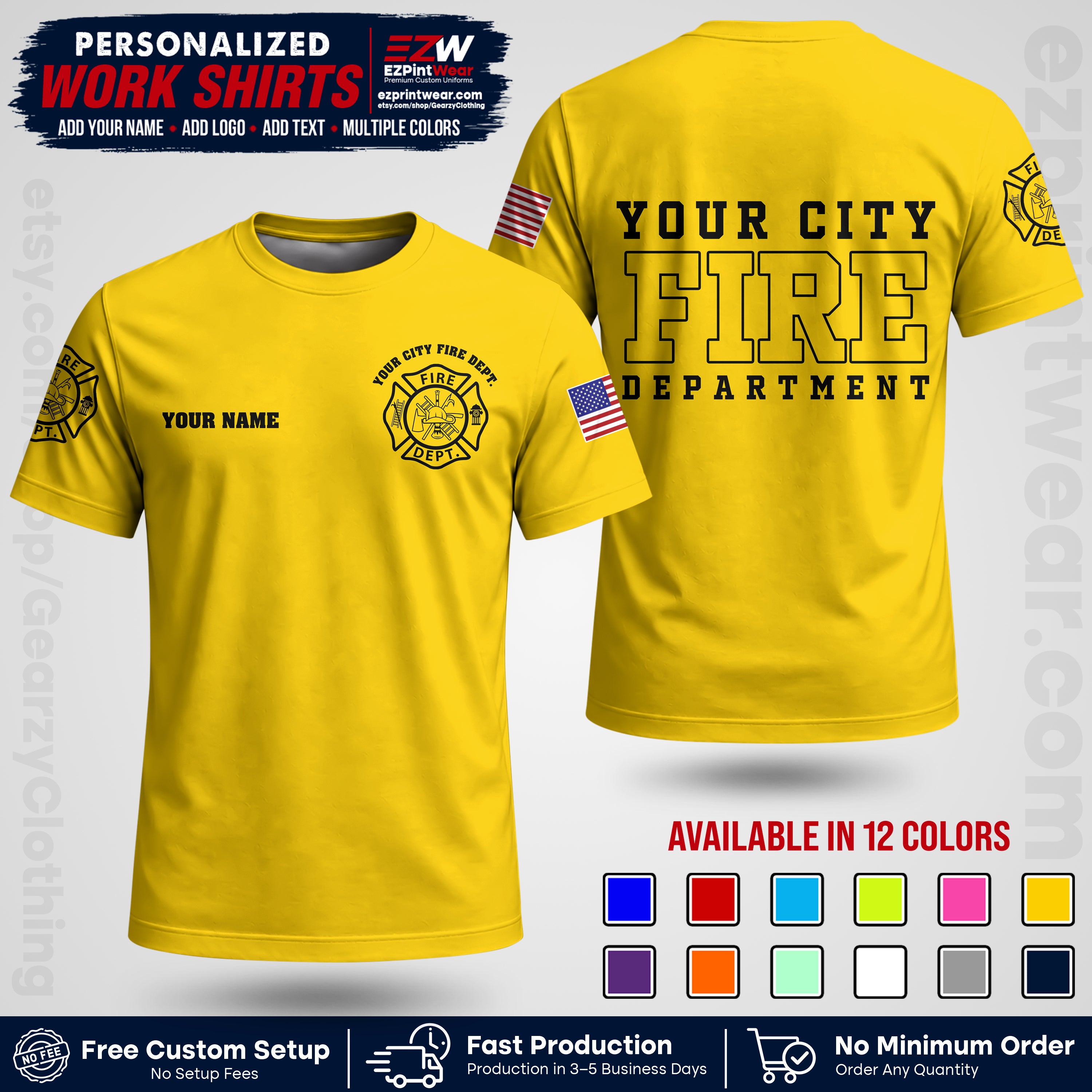 Custom Fire Department Shirt with Name, City Logo & Text | Firefighter Uniform | Button Up Work Shirt FF01