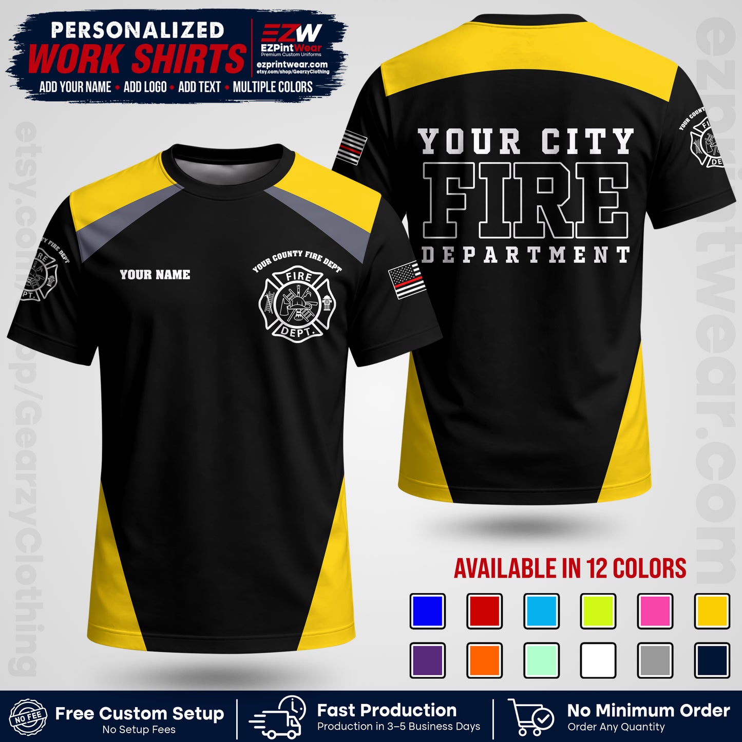 Custom Fire Department Shirt with Name, City Logo & Text | Firefighter Uniform | Button Up Work Shirt FF04