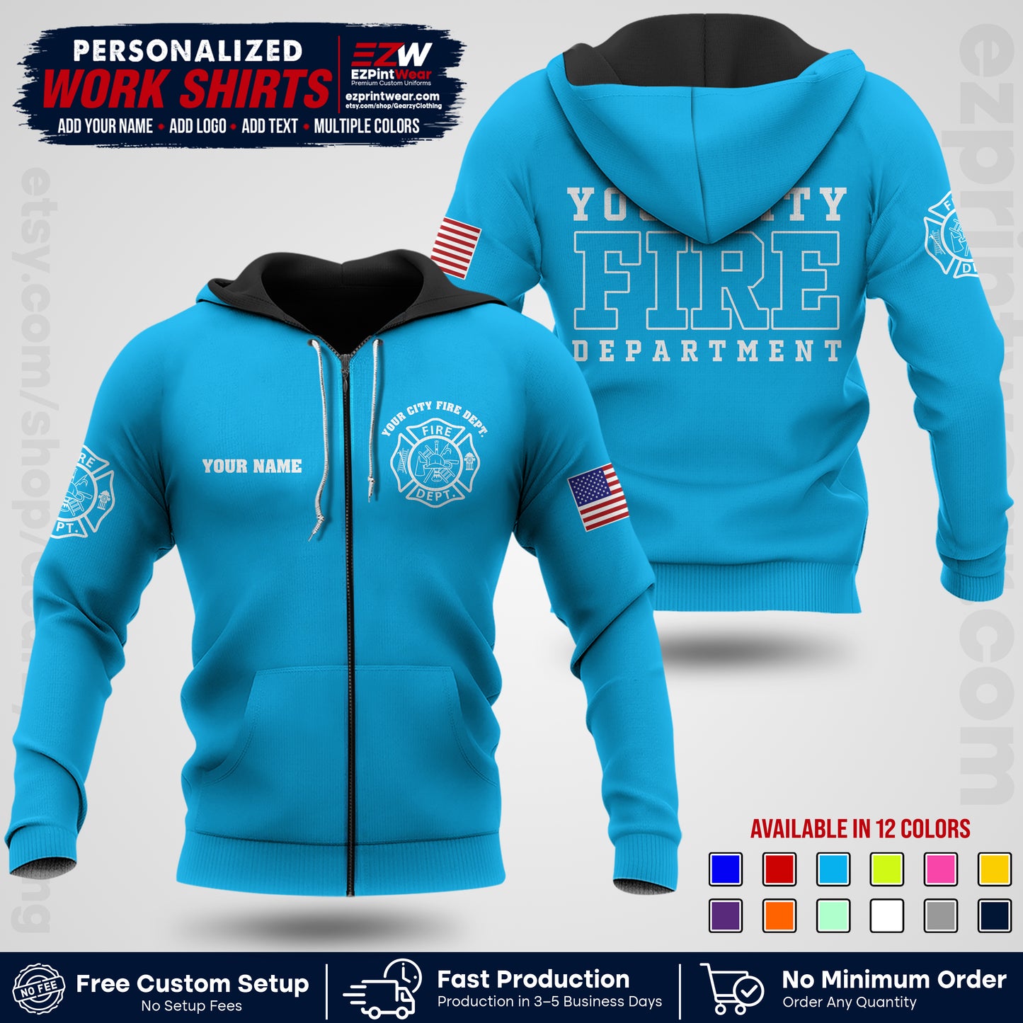 Custom Fire Department Shirt with Name, City Logo & Text | Firefighter Uniform | Button Up Work Shirt FF01