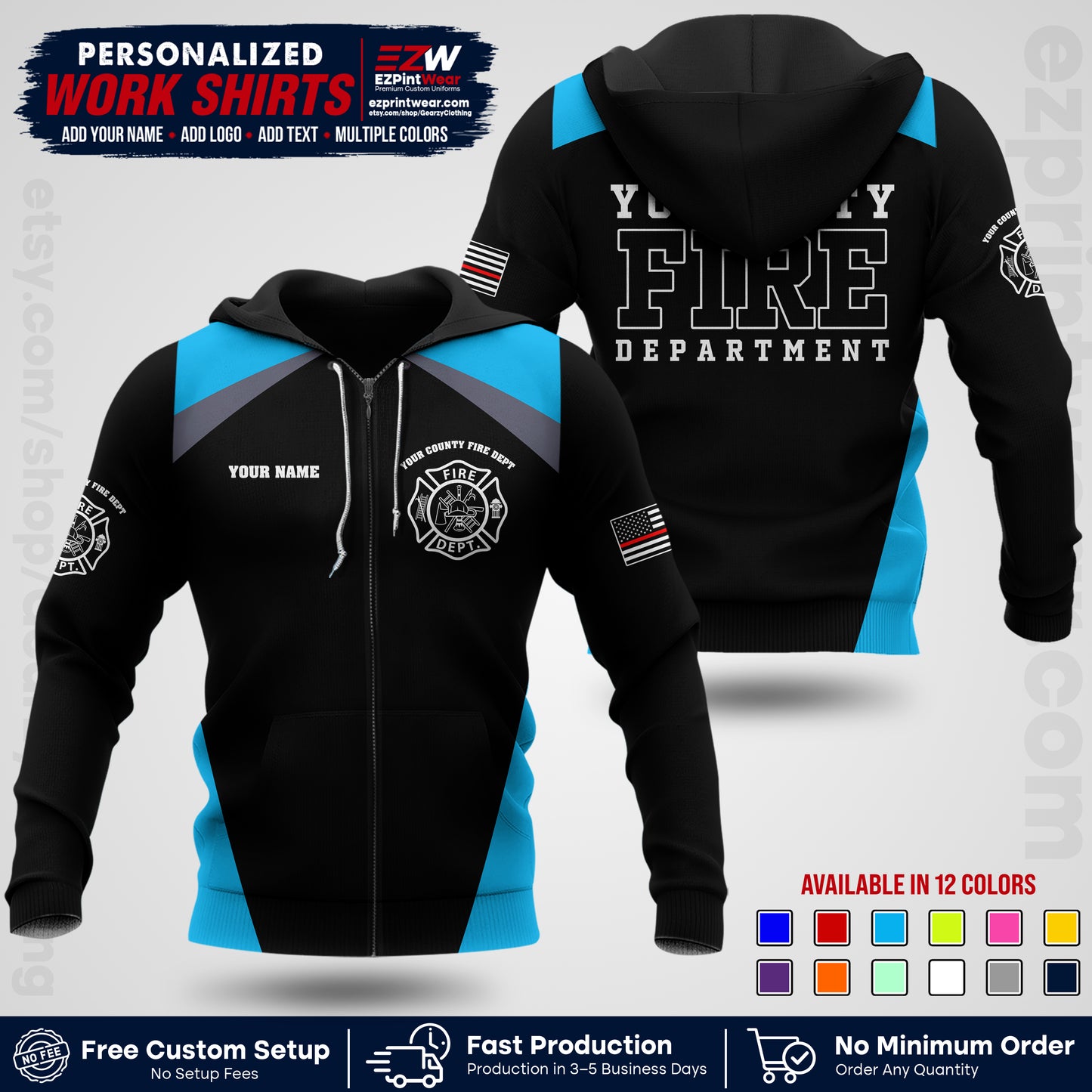 Custom Fire Department Shirt with Name, City Logo & Text | Firefighter Uniform | Button Up Work Shirt FF04