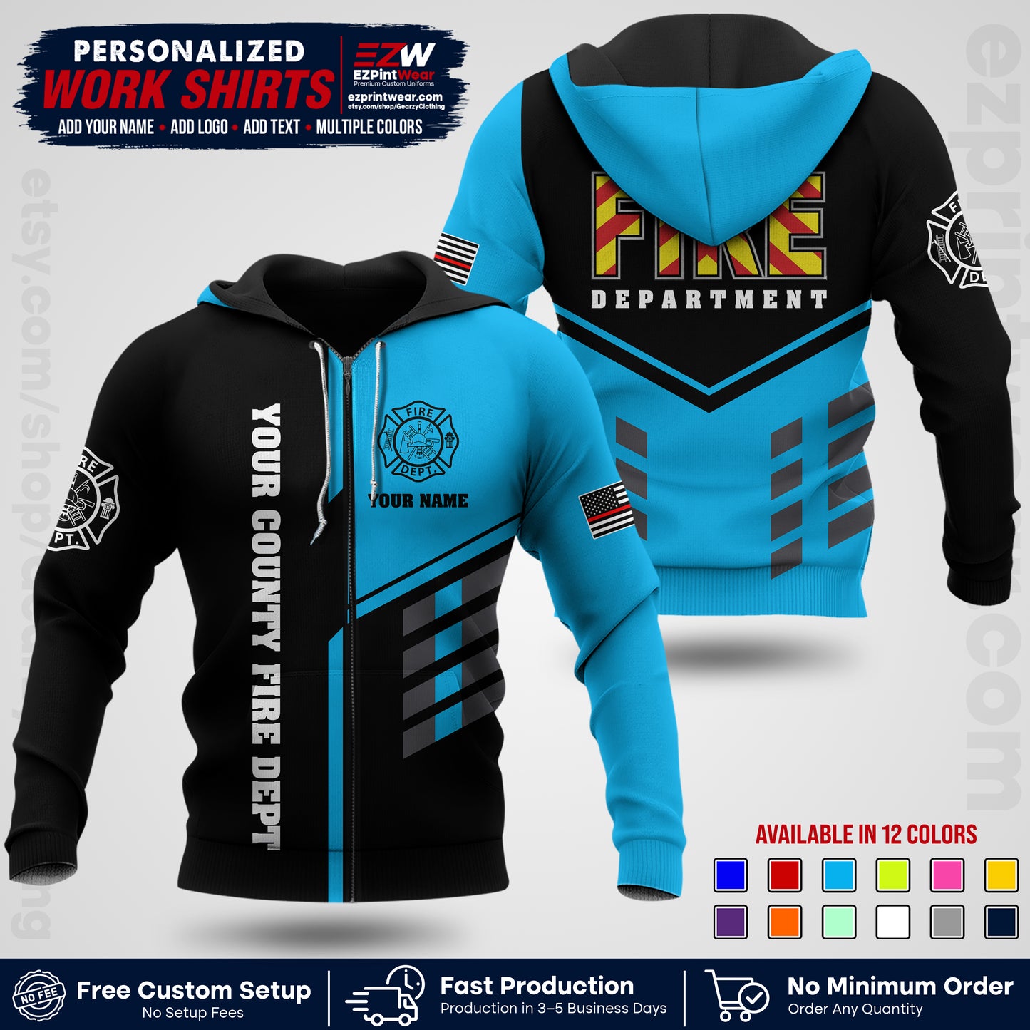 Custom Fire Department Shirt with Name, City Logo & Text | Firefighter Uniform | Button Up Work Shirt FF06