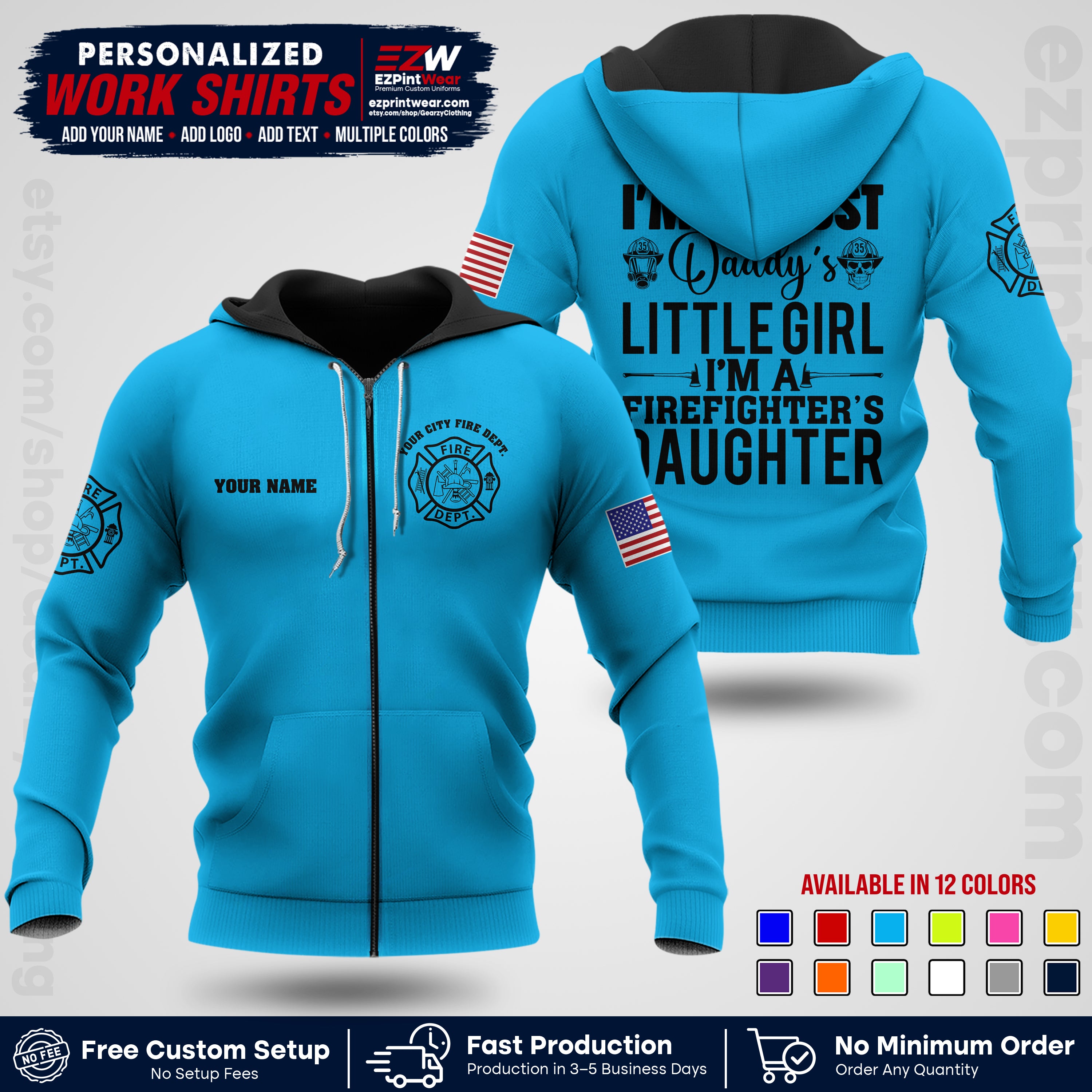 Custom Fire Department Shirt with Name, City Logo & Text | Firefighter Uniform | Button Up Work Shirt FF08