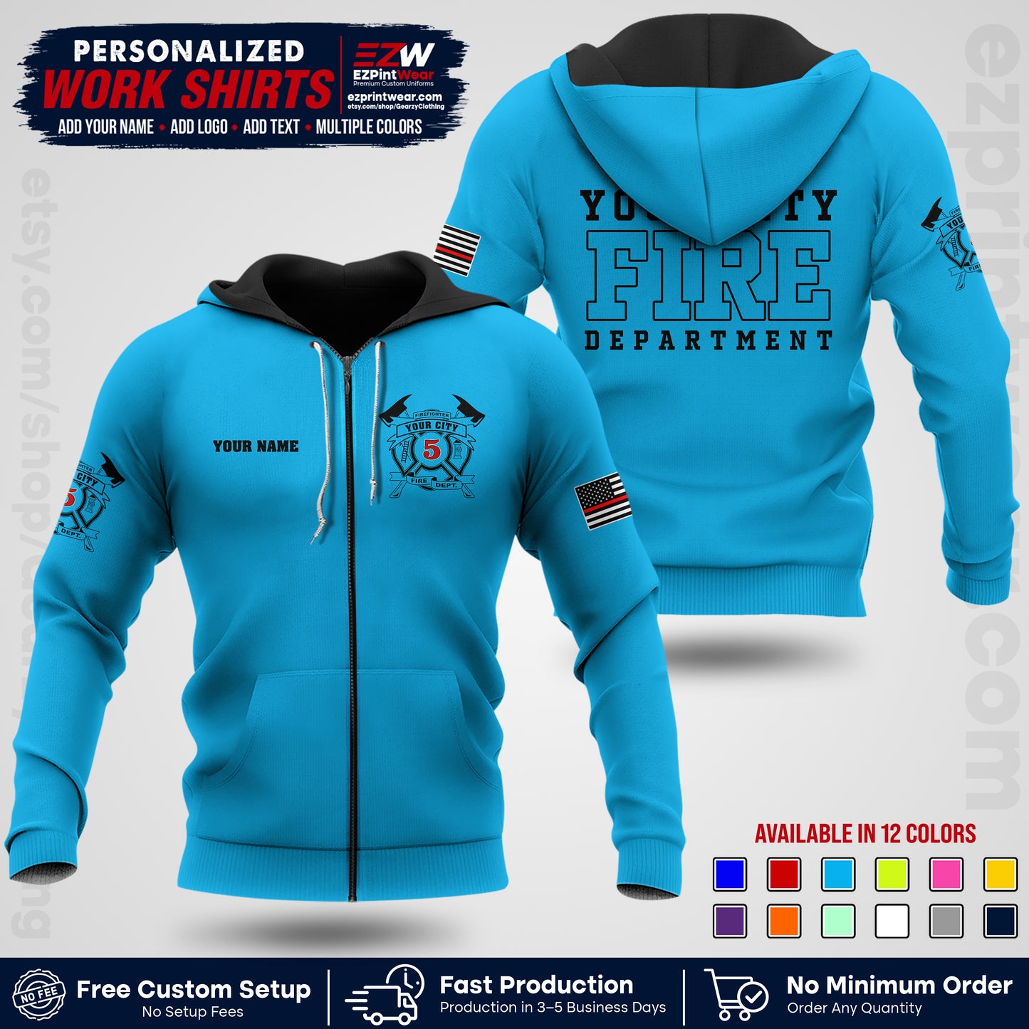 Custom Fire Department Shirt with Name, City Logo & Text | Firefighter Uniform | Button Up Work Shirt FF07