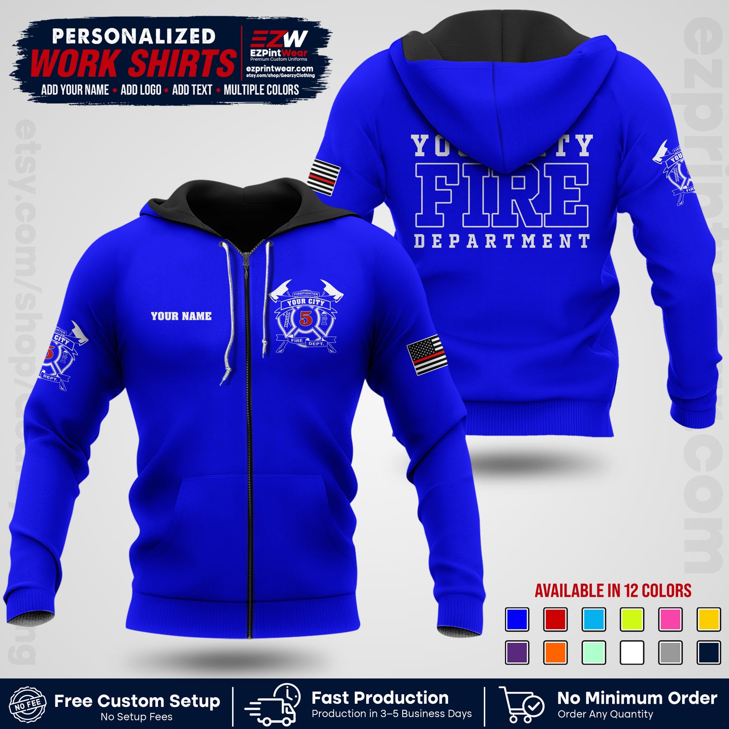 Custom Fire Department Shirt with Name, City Logo & Text | Firefighter Uniform | Button Up Work Shirt FF07