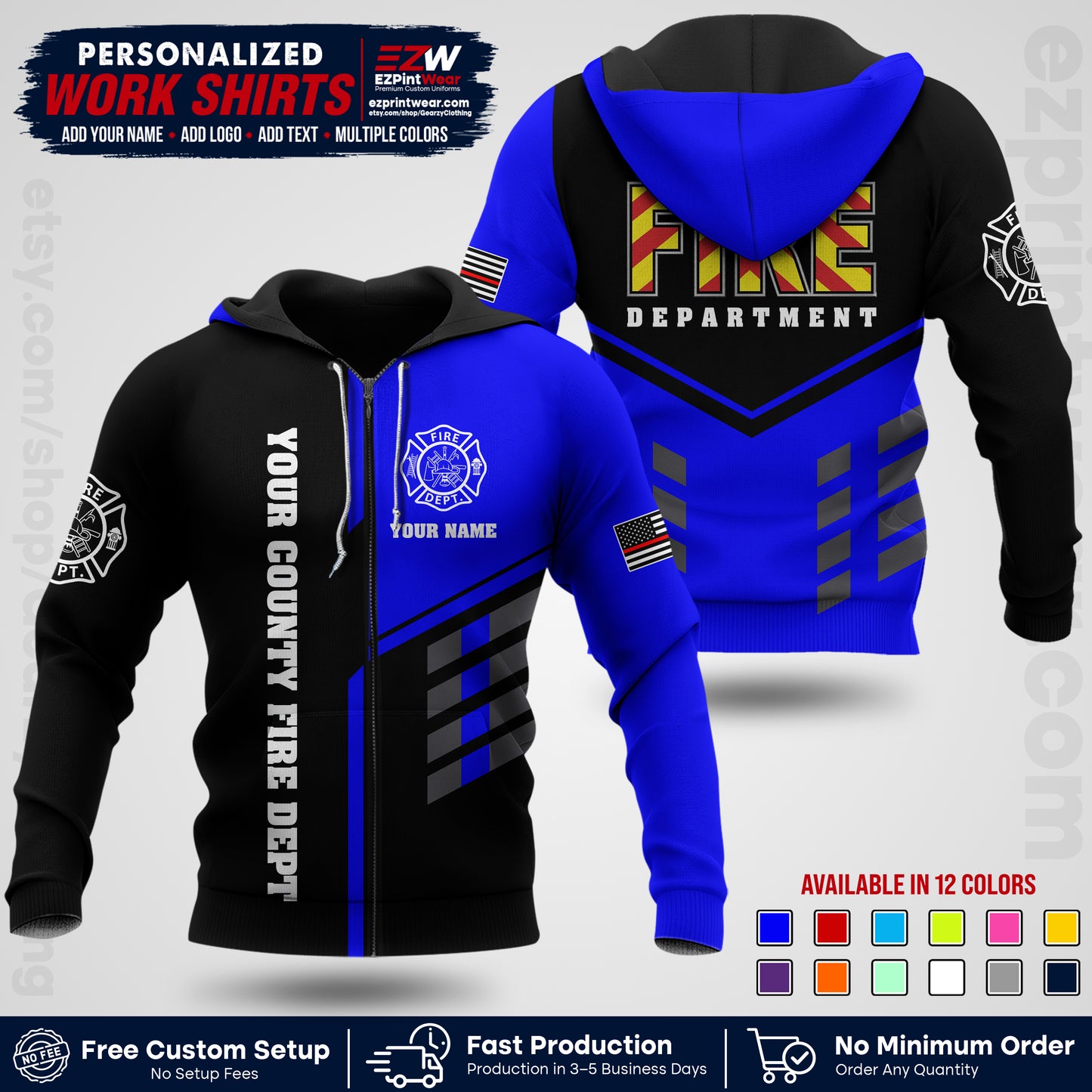 Custom Fire Department Shirt with Name, City Logo & Text | Firefighter Uniform | Button Up Work Shirt FF06