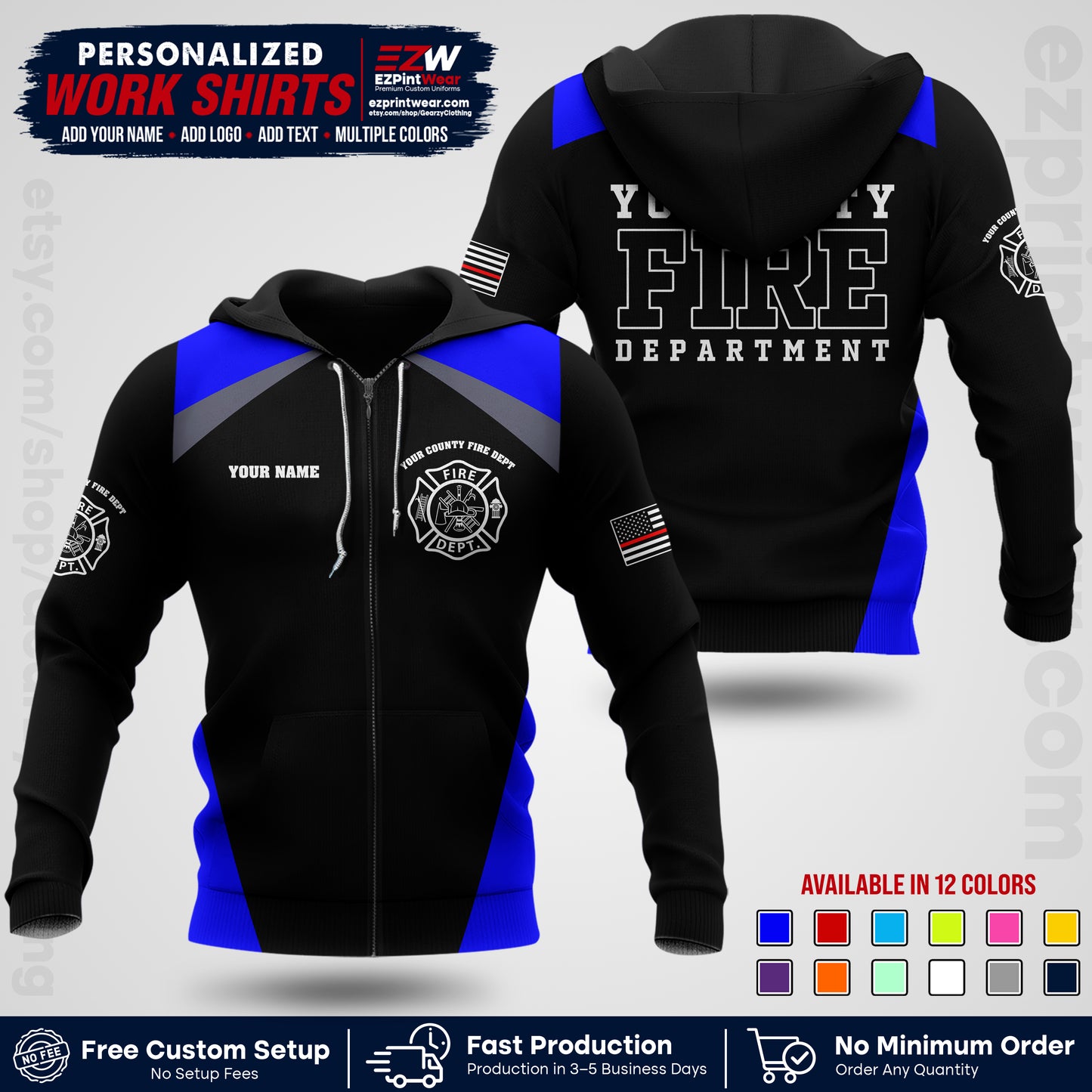 Custom Fire Department Shirt with Name, City Logo & Text | Firefighter Uniform | Button Up Work Shirt FF04
