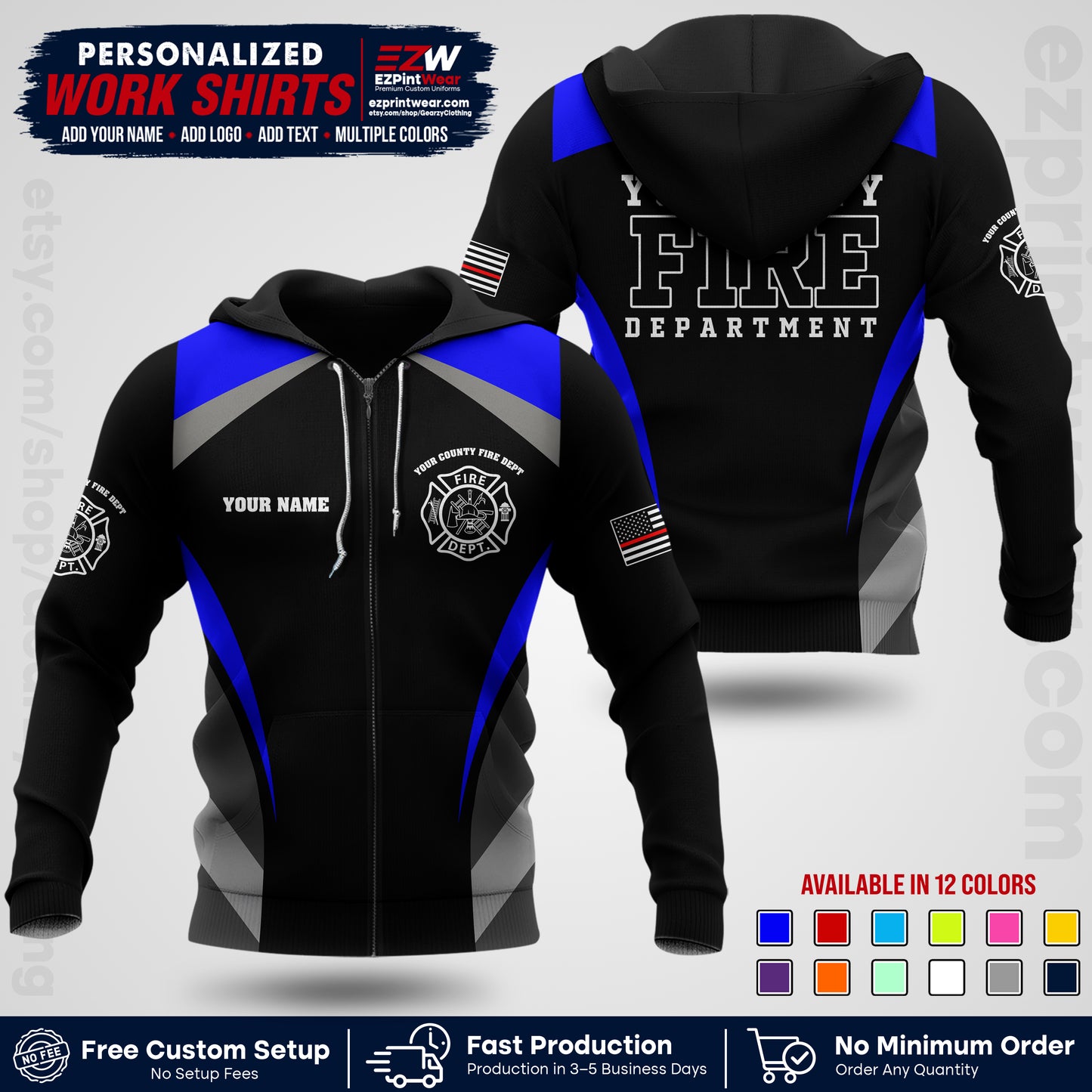 Custom Fire Department Shirt with Name, City Logo & Text | Firefighter Uniform | Button Up Work Shirt FF02