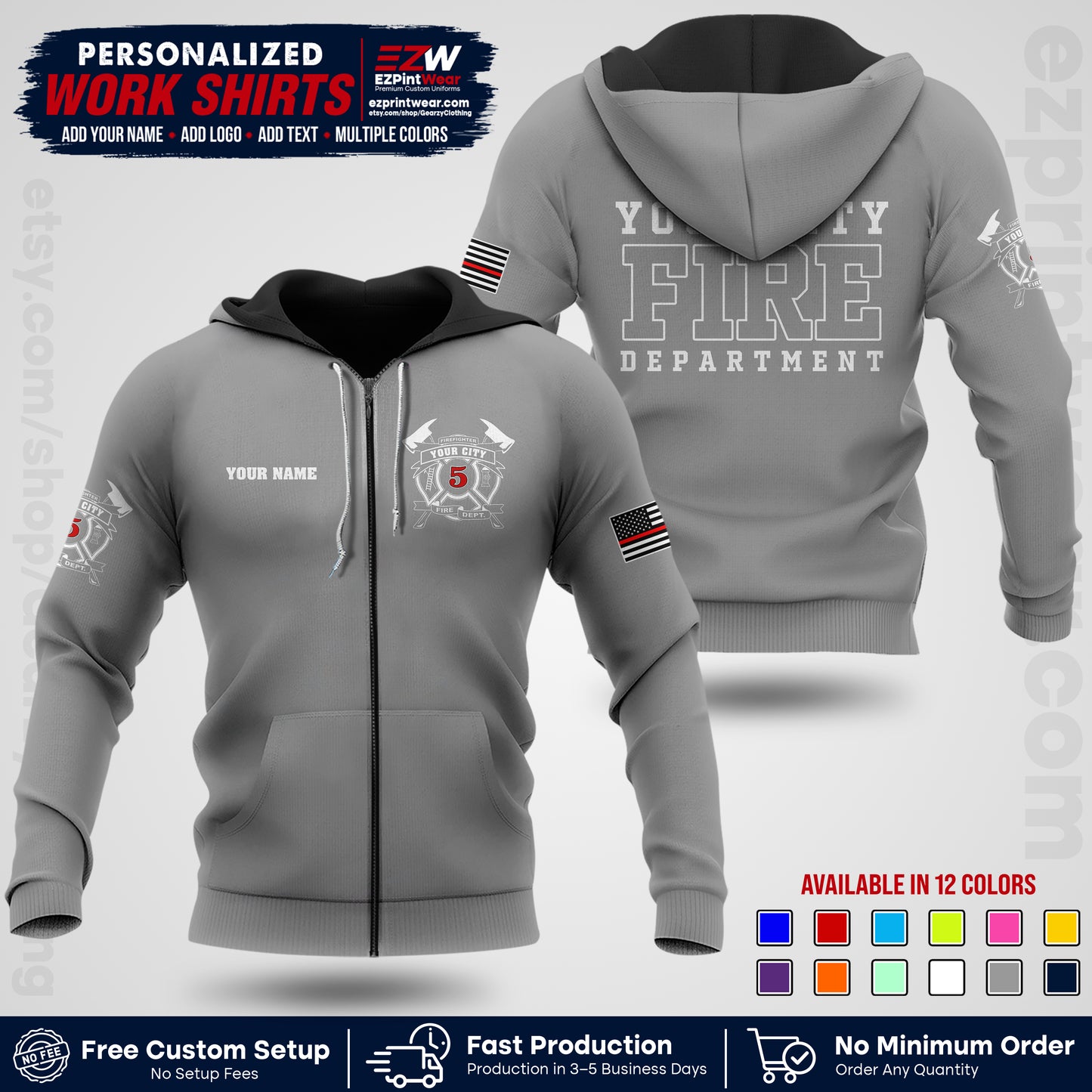 Custom Fire Department Shirt with Name, City Logo & Text | Firefighter Uniform | Button Up Work Shirt FF07