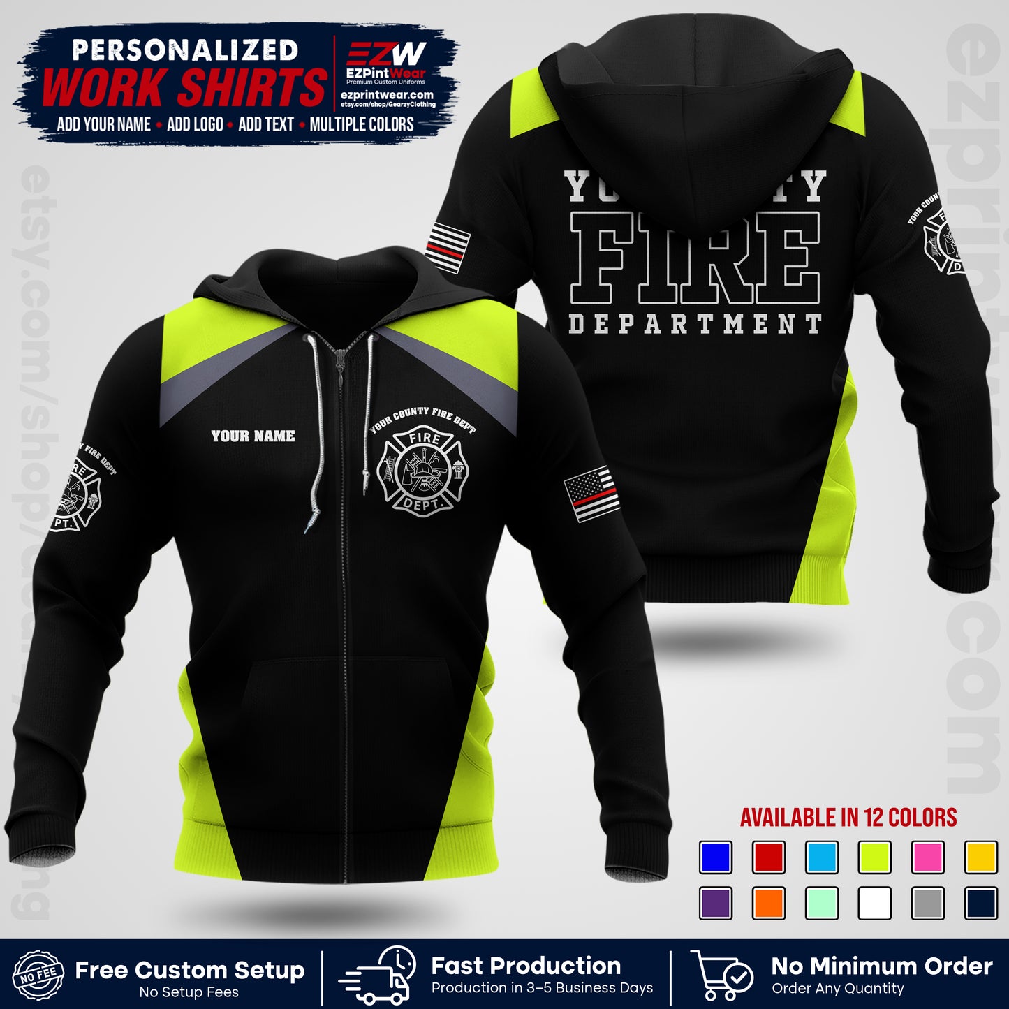 Custom Fire Department Shirt with Name, City Logo & Text | Firefighter Uniform | Button Up Work Shirt FF04
