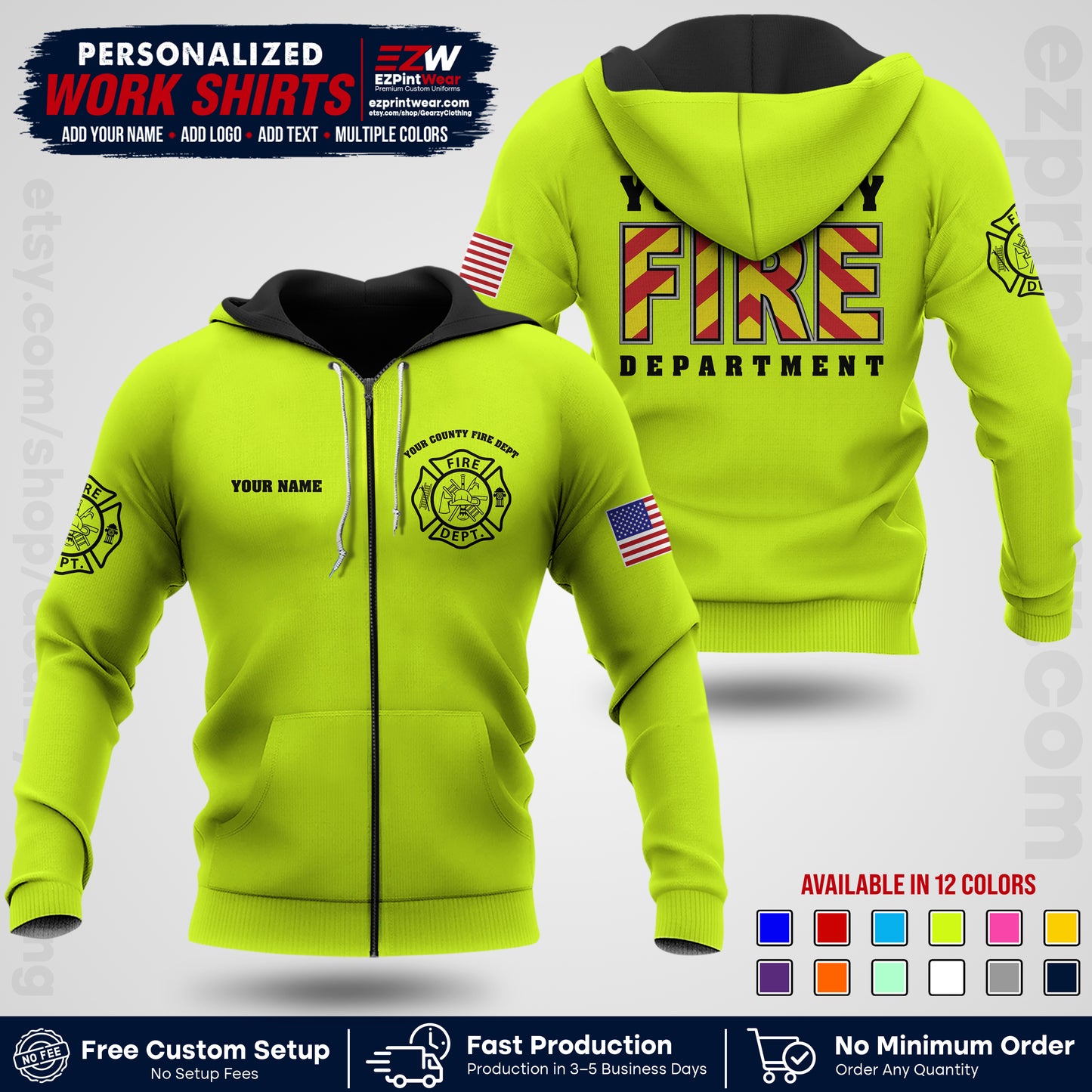 Custom Fire Department Shirt with Name, City Logo & Text | Firefighter Uniform | Button Up Work Shirt FF05