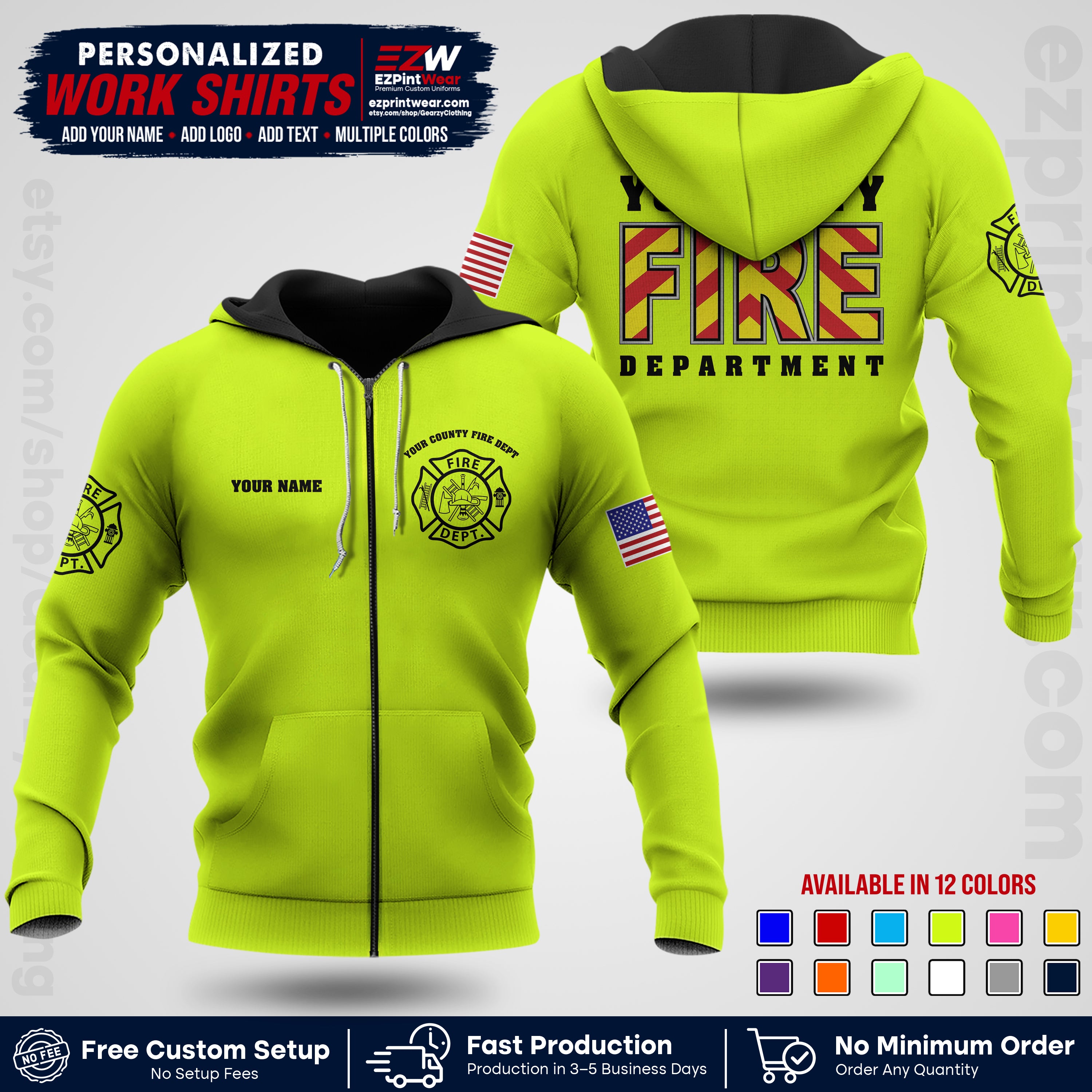 Custom Fire Department Shirt with Name, City Logo & Text | Firefighter Uniform | Button Up Work Shirt FF05
