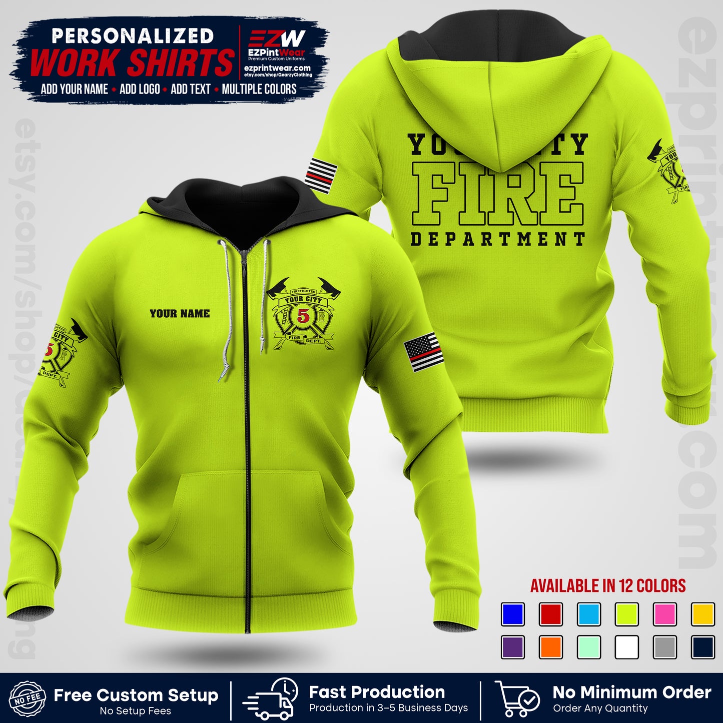 Custom Fire Department Shirt with Name, City Logo & Text | Firefighter Uniform | Button Up Work Shirt FF07