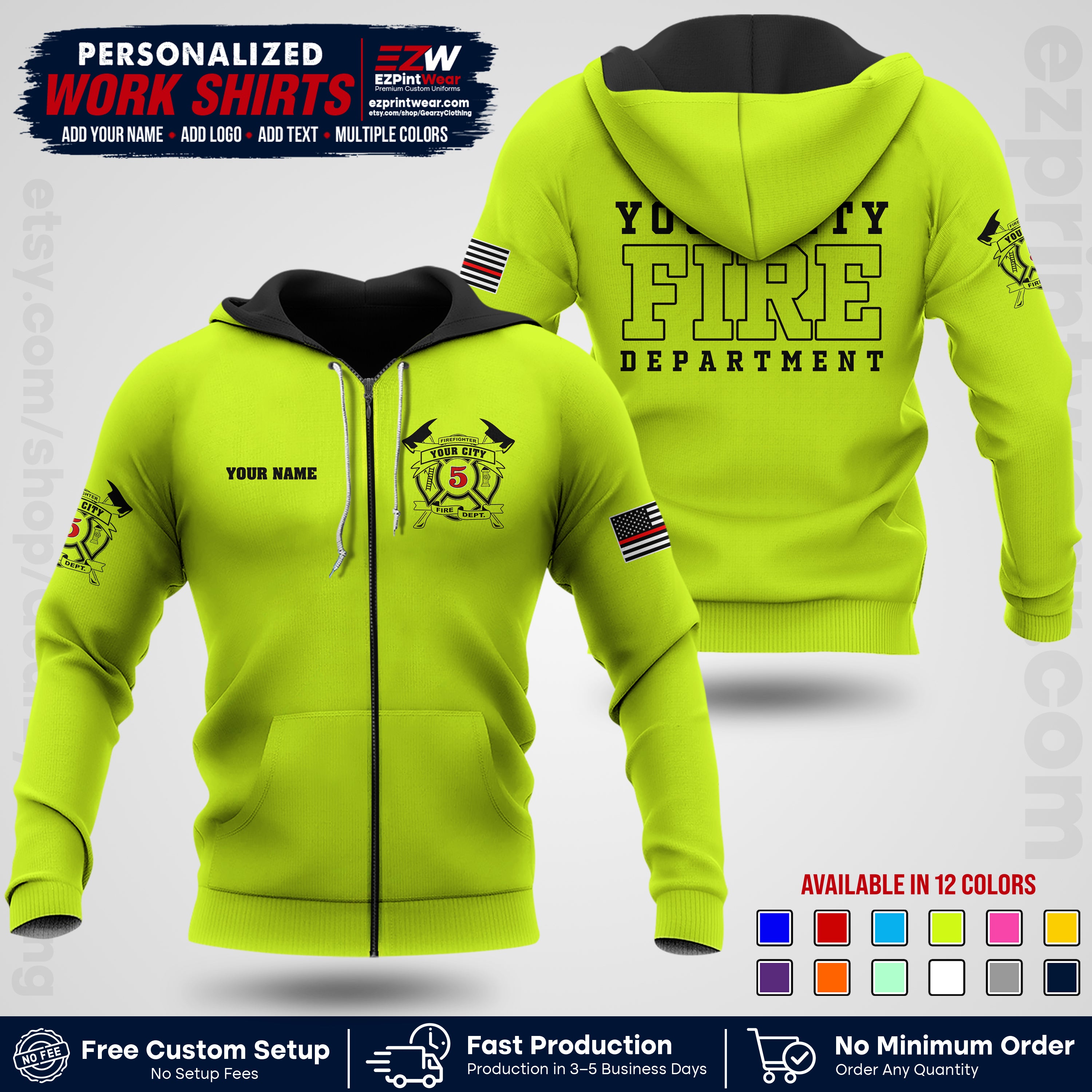 Custom Fire Department Shirt with Name, City Logo & Text | Firefighter Uniform | Button Up Work Shirt FF07