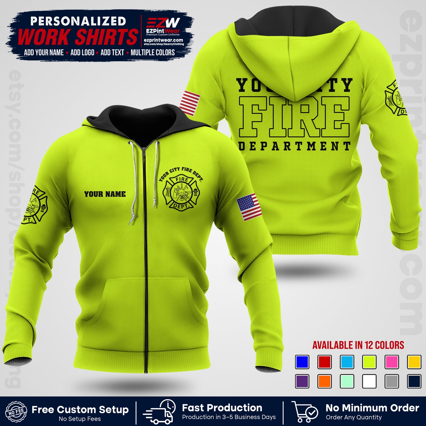 Custom Fire Department Shirt with Name, City Logo & Text | Firefighter Uniform | Button Up Work Shirt FF01