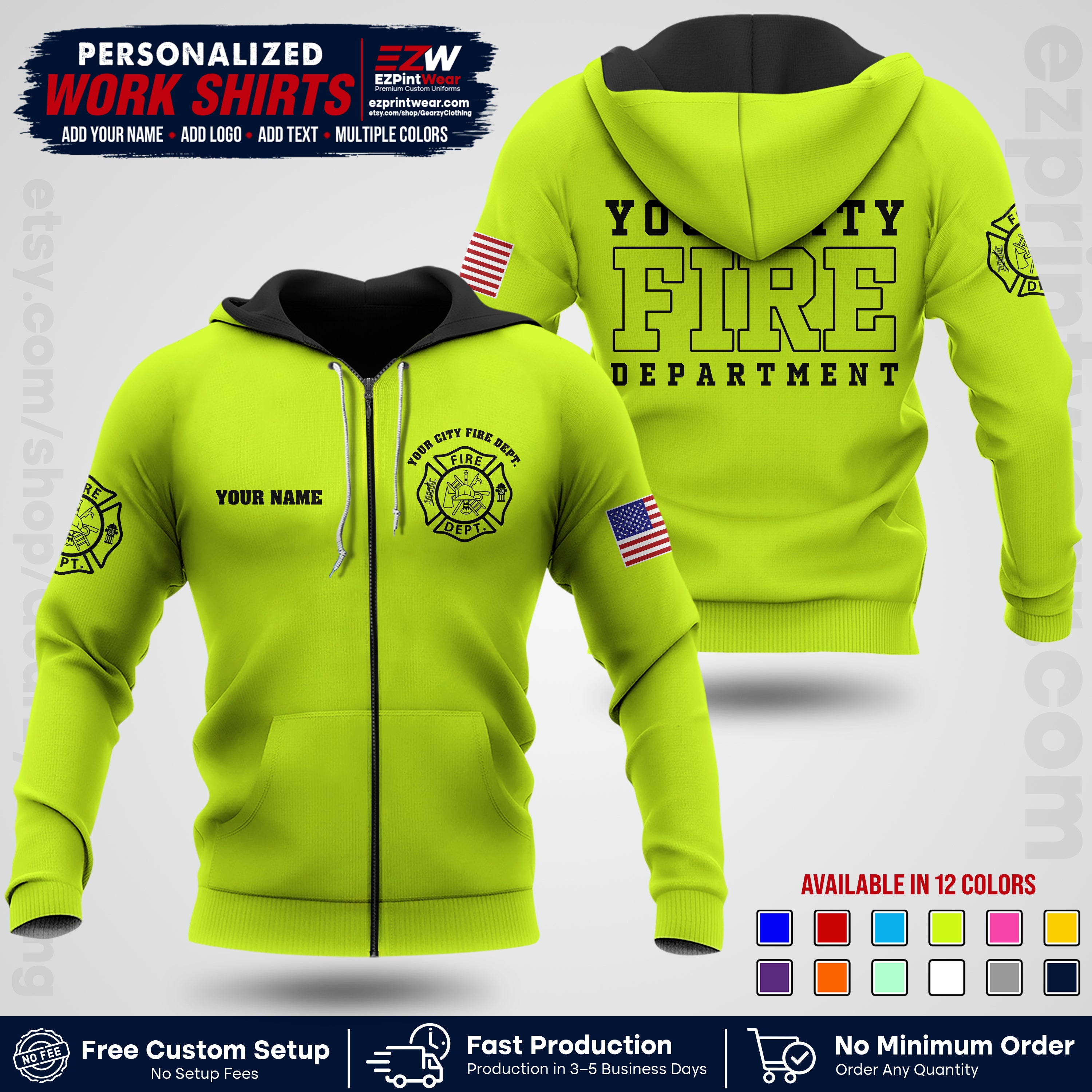 Custom Fire Department Shirt with Name, City Logo & Text | Firefighter Uniform | Button Up Work Shirt FF01