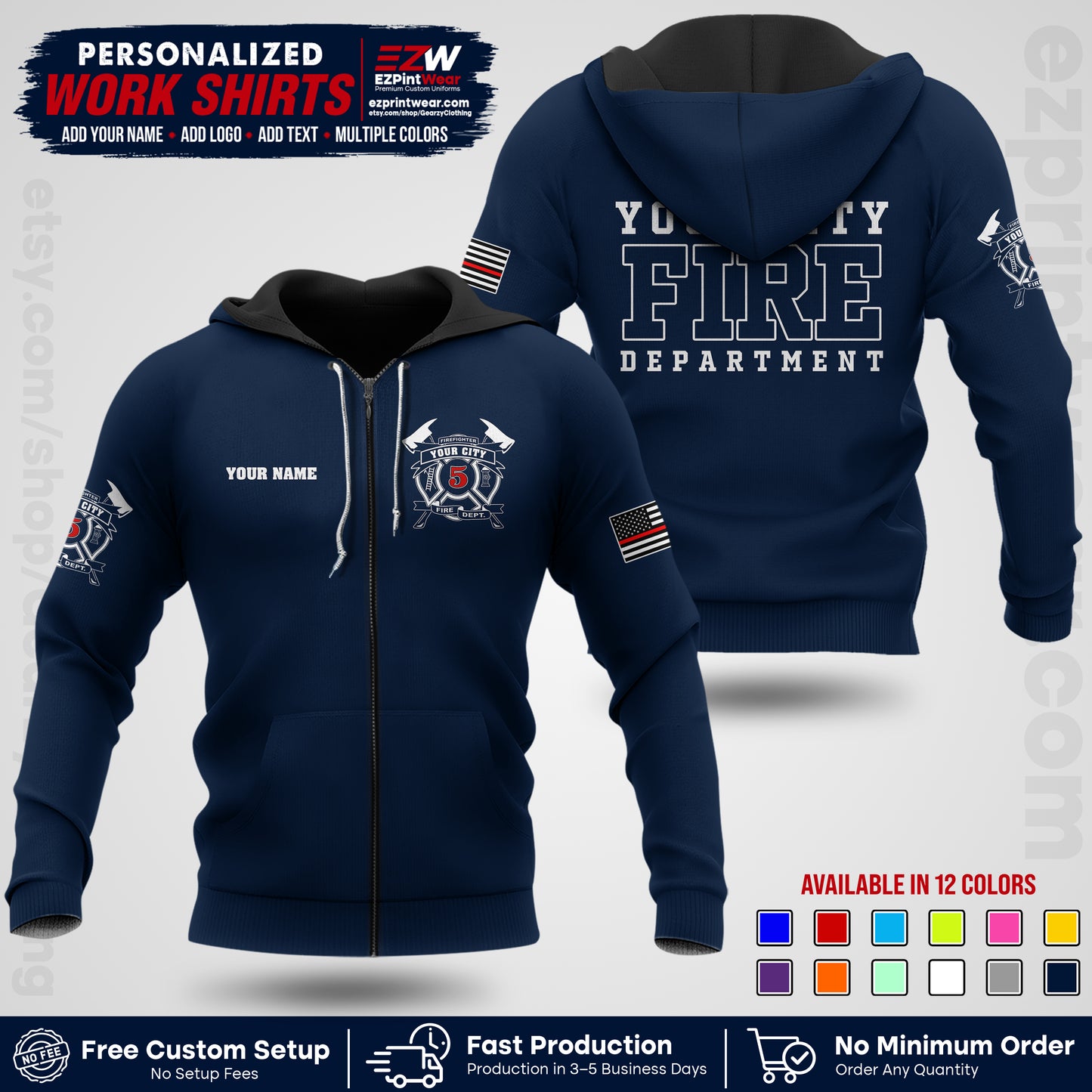 Custom Fire Department Shirt with Name, City Logo & Text | Firefighter Uniform | Button Up Work Shirt FF07