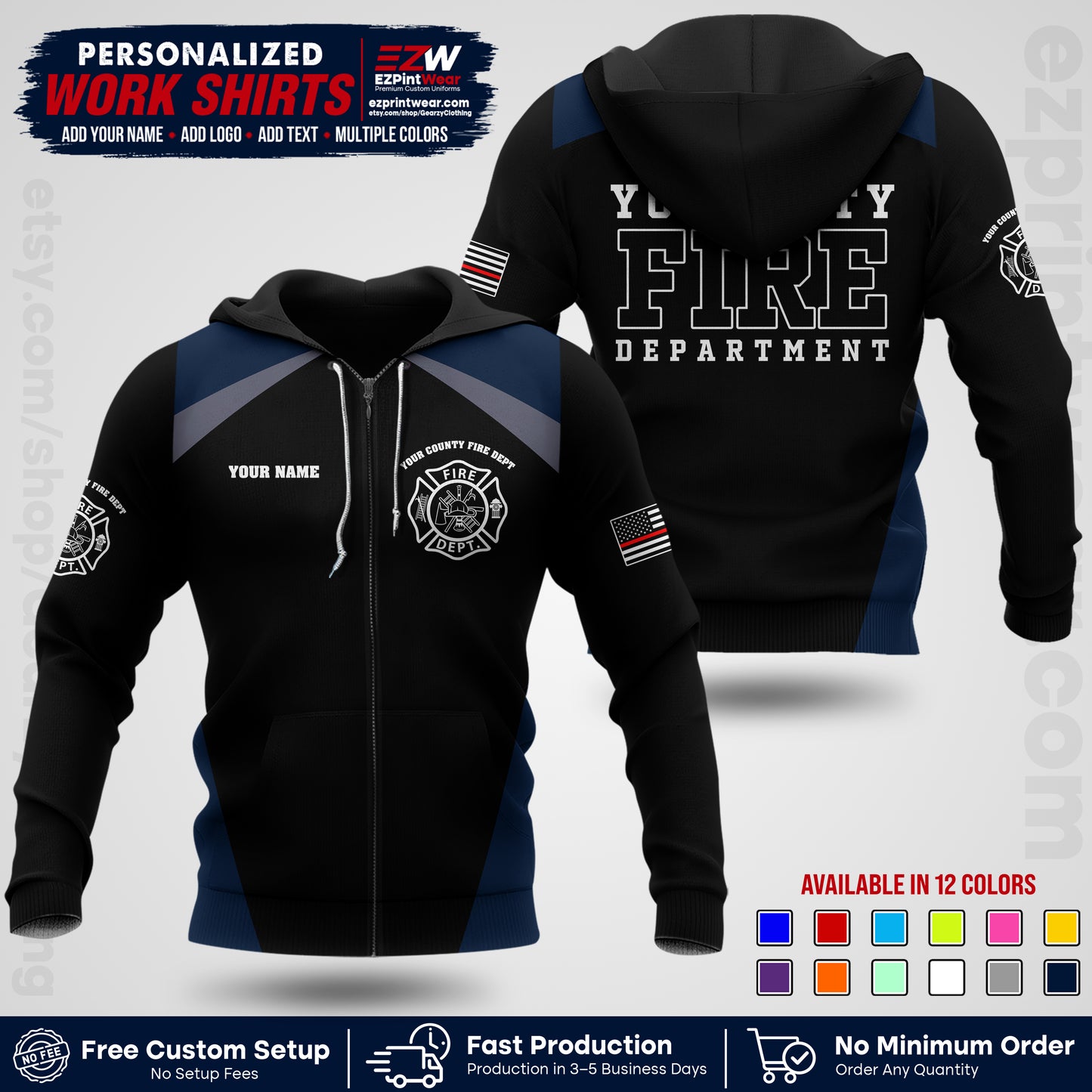 Custom Fire Department Shirt with Name, City Logo & Text | Firefighter Uniform | Button Up Work Shirt FF04