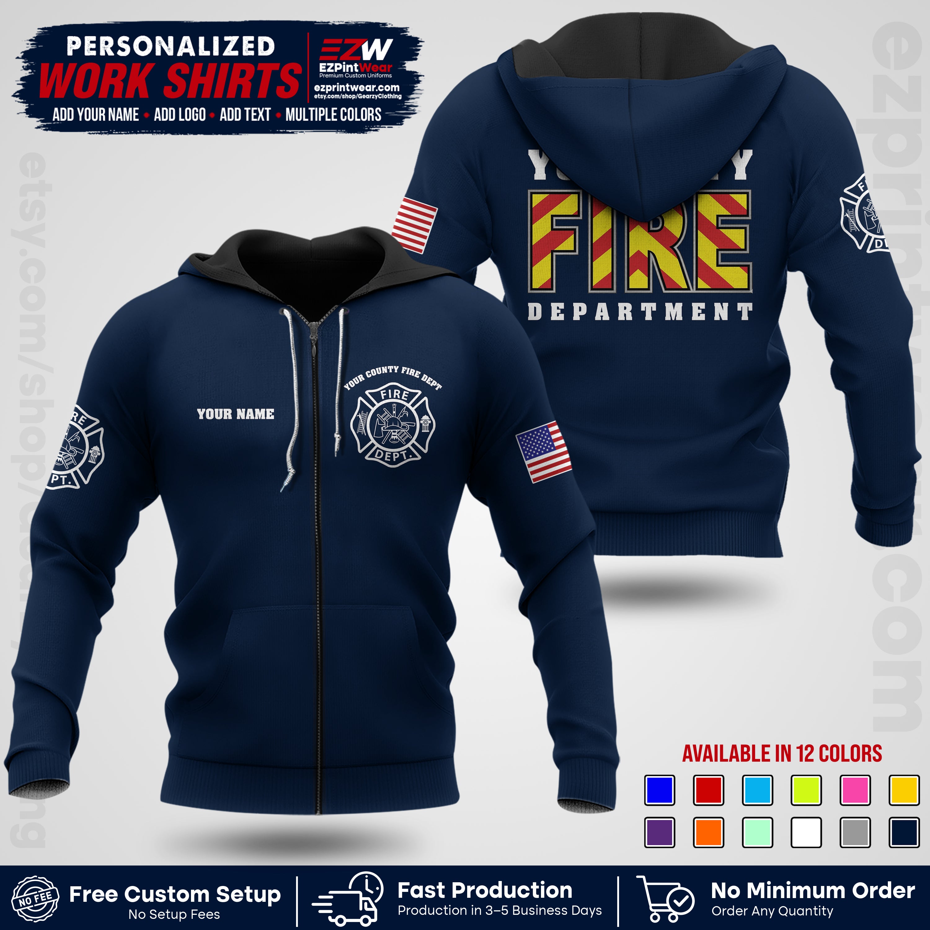 Custom Fire Department Shirt with Name, City Logo & Text | Firefighter Uniform | Button Up Work Shirt FF05
