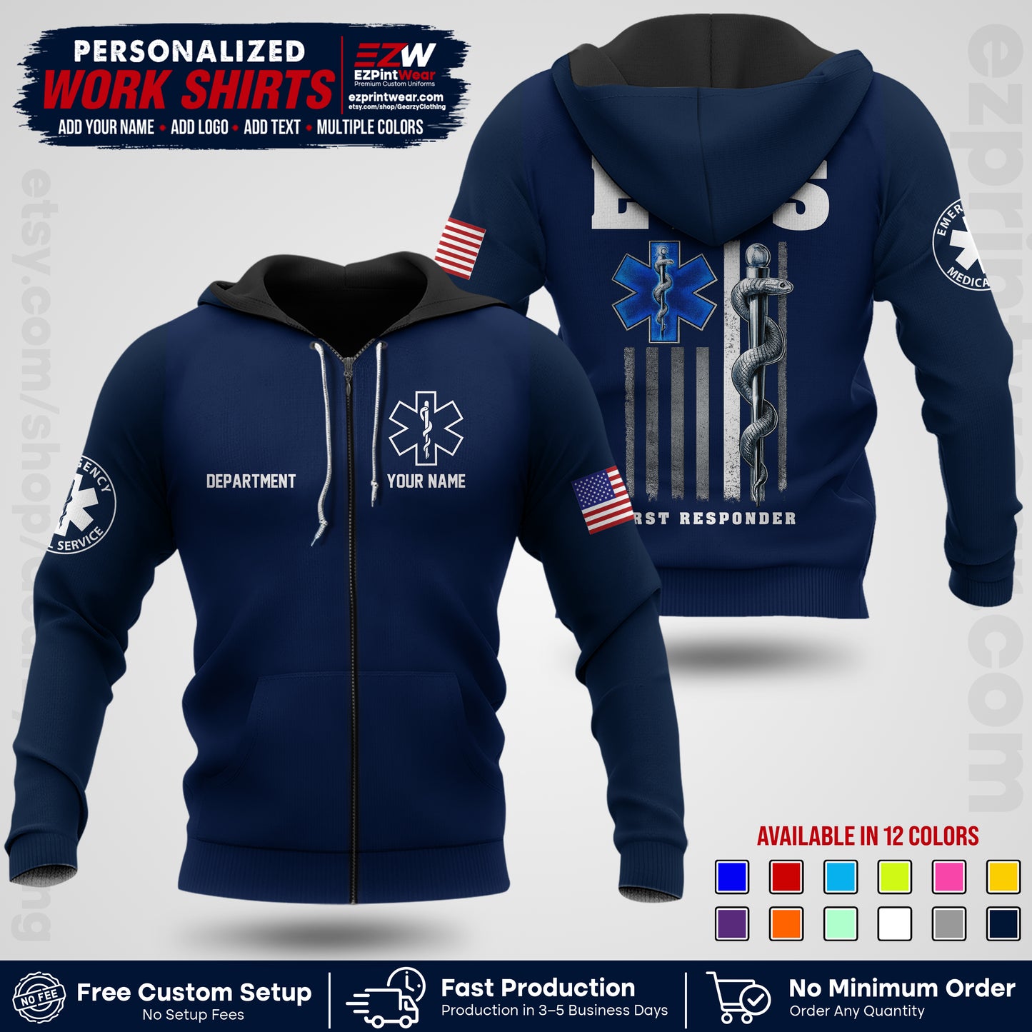 Custom EMS Shirt with Name, Logo & Text | EMS Team Uniform | First Responder Workwear EMSU03
