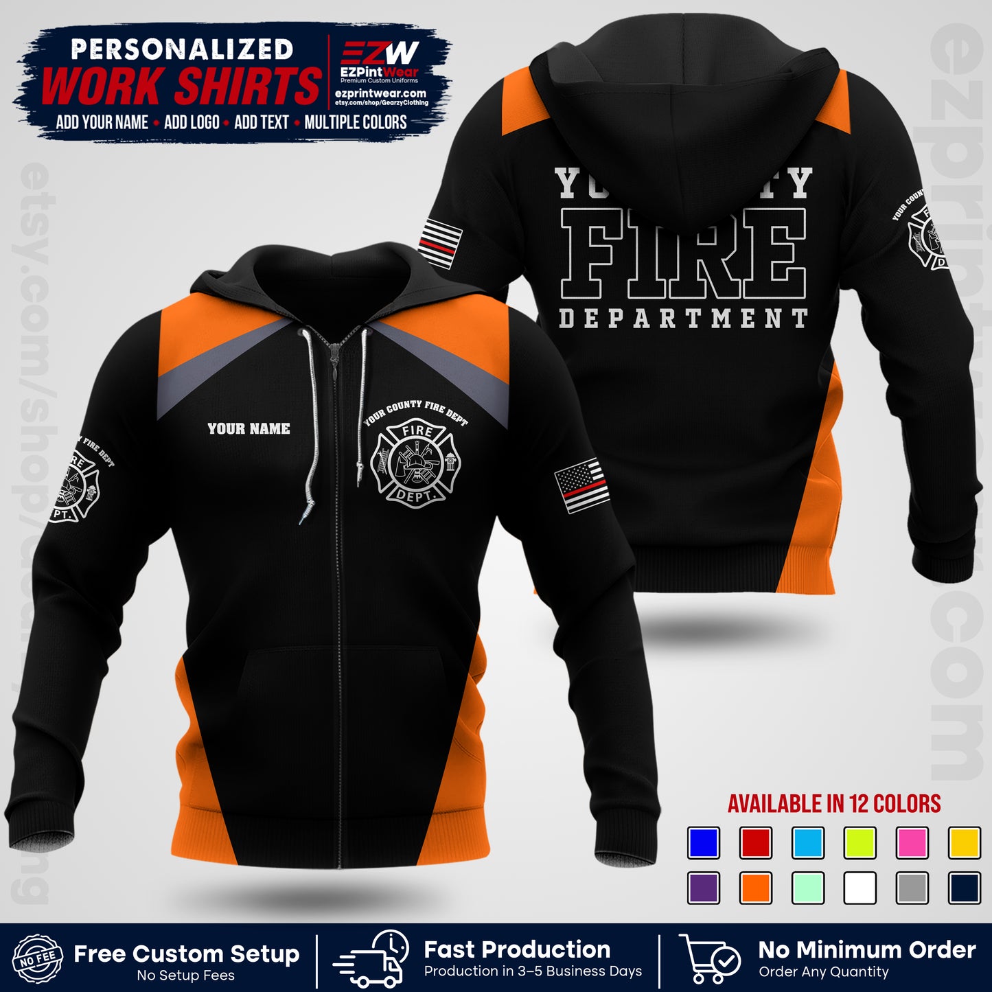 Custom Fire Department Shirt with Name, City Logo & Text | Firefighter Uniform | Button Up Work Shirt FF04