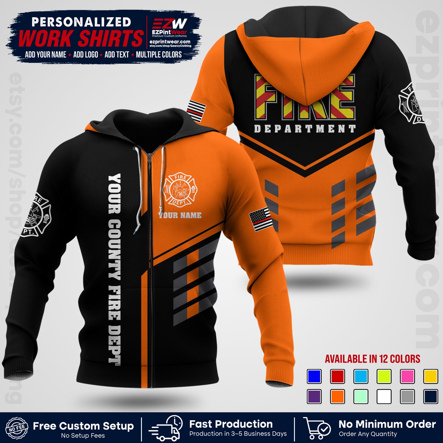 Custom Fire Department Shirt with Name, City Logo & Text | Firefighter Uniform | Button Up Work Shirt FF06