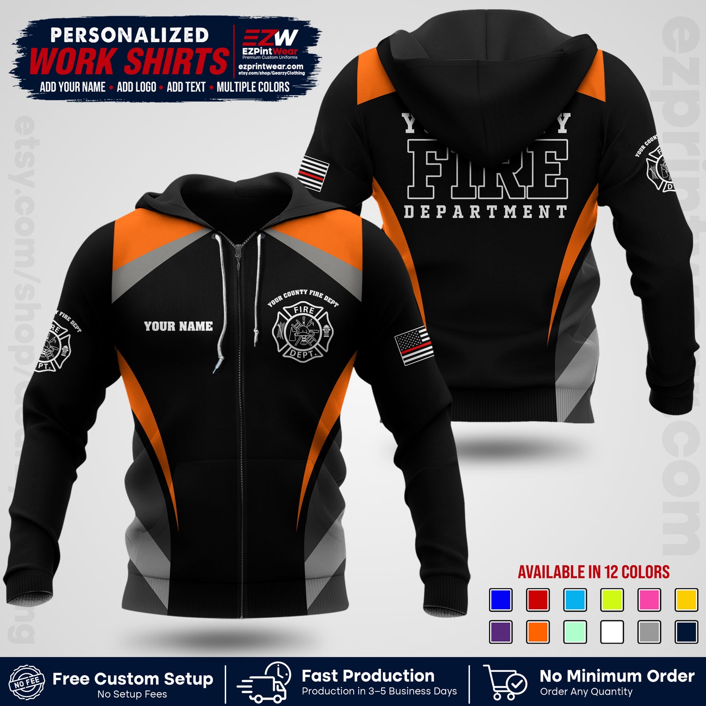 Custom Fire Department Shirt with Name, City Logo & Text | Firefighter Uniform | Button Up Work Shirt FF02
