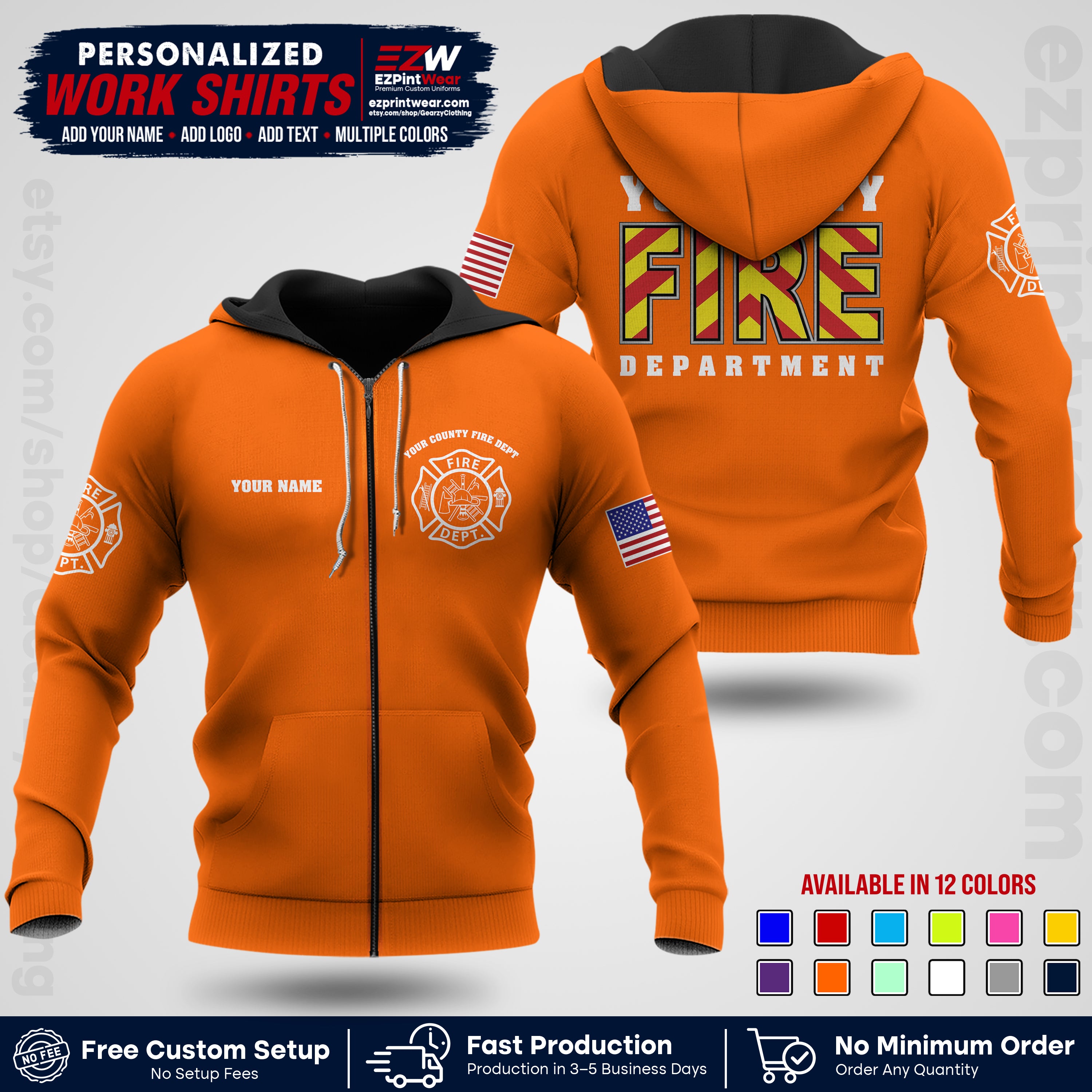 Custom Fire Department Shirt with Name, City Logo & Text | Firefighter Uniform | Button Up Work Shirt FF05