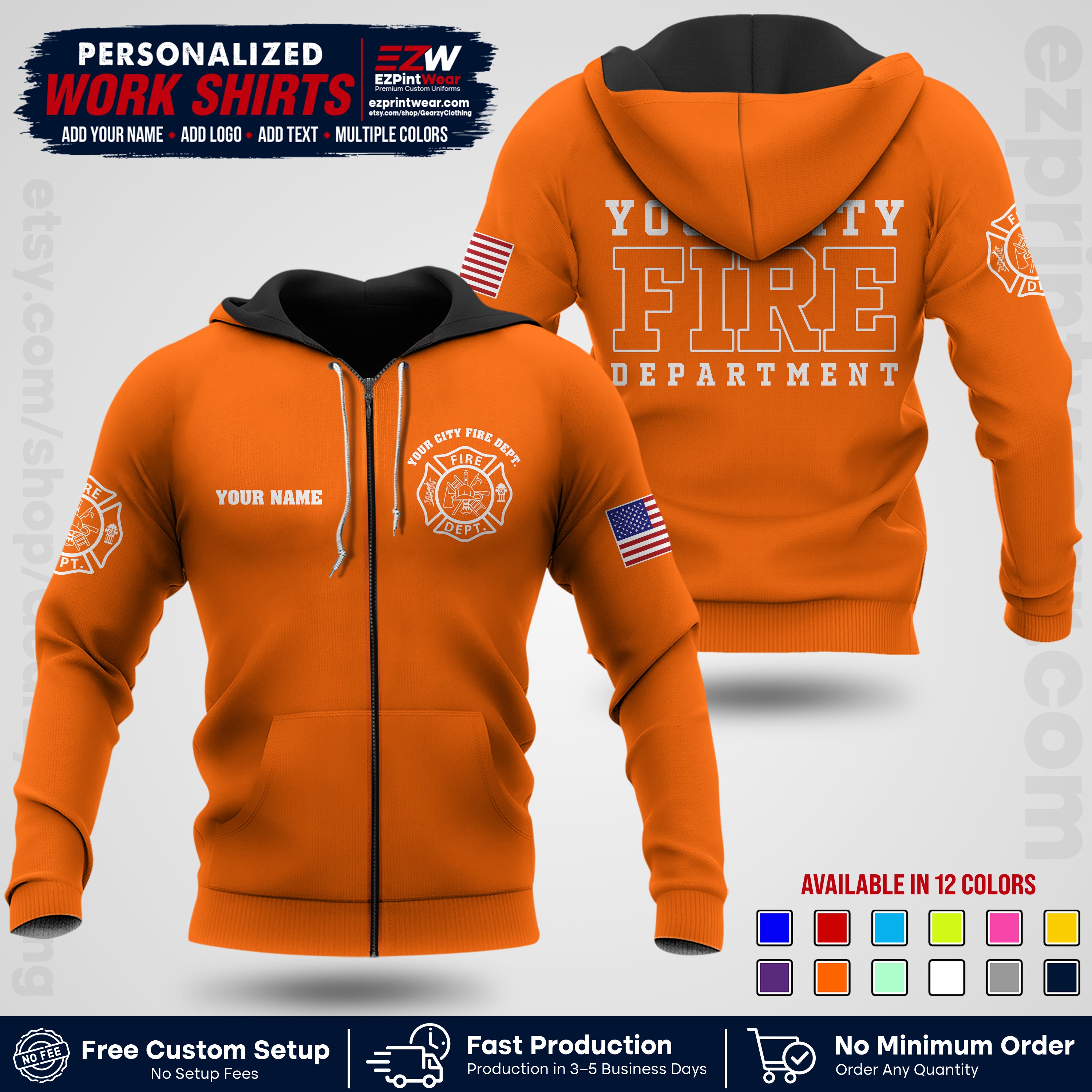 Custom Fire Department Shirt with Name, City Logo & Text | Firefighter Uniform | Button Up Work Shirt FF01