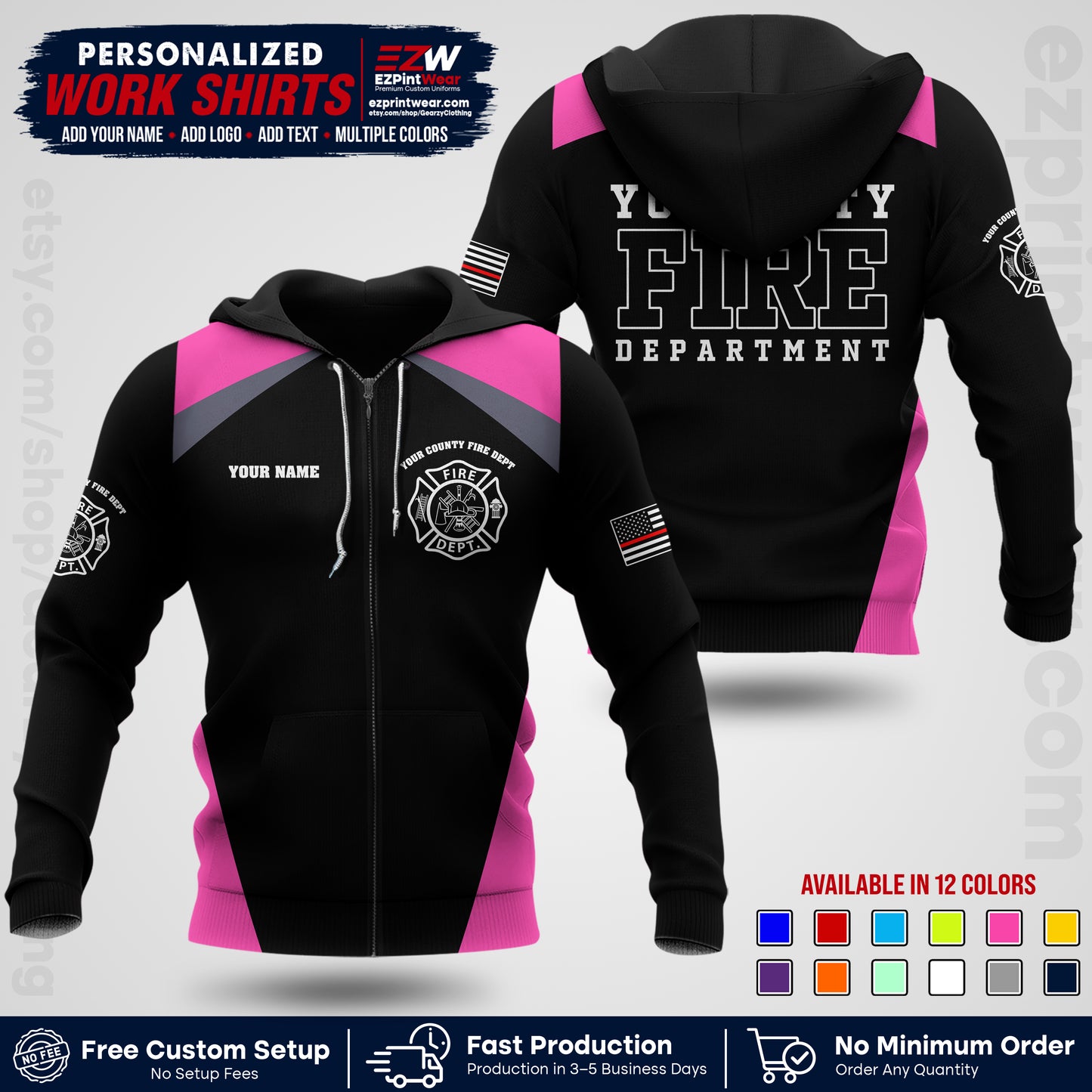 Custom Fire Department Shirt with Name, City Logo & Text | Firefighter Uniform | Button Up Work Shirt FF04