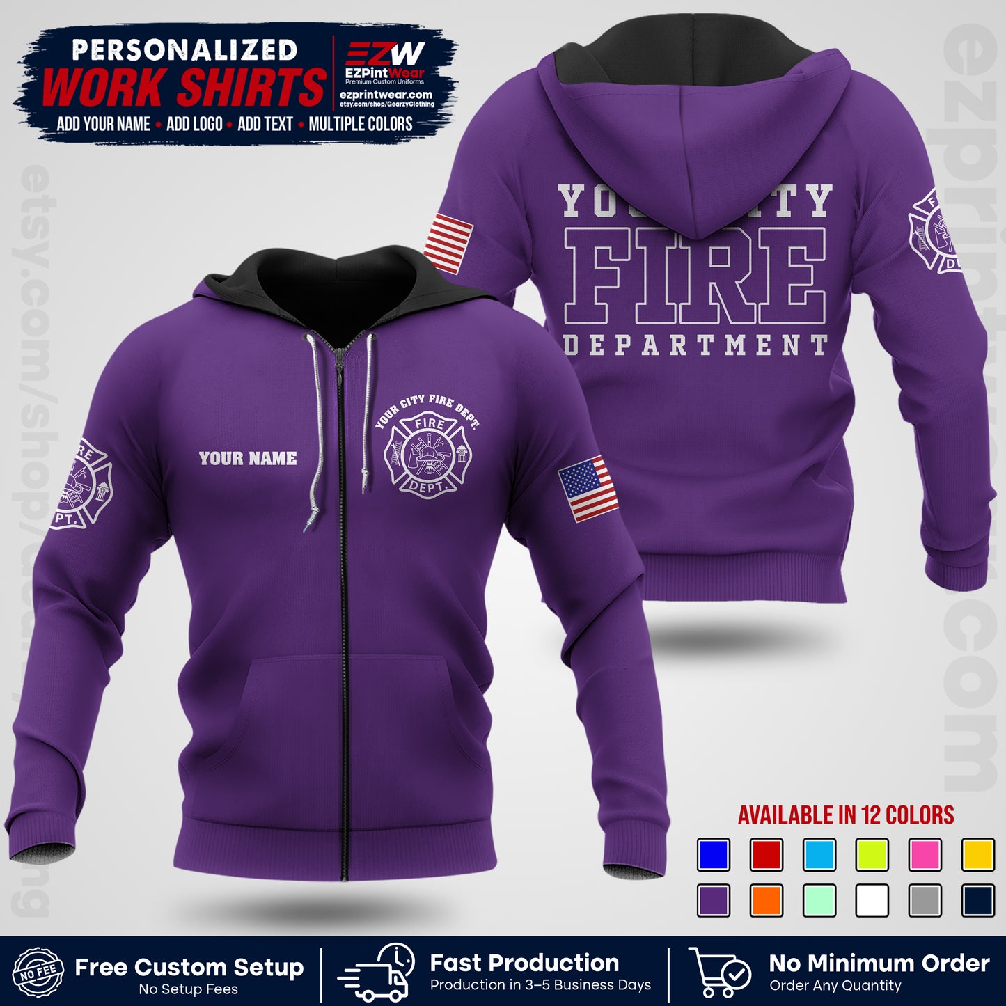 Custom Fire Department Shirt with Name, City Logo & Text | Firefighter Uniform | Button Up Work Shirt FF01