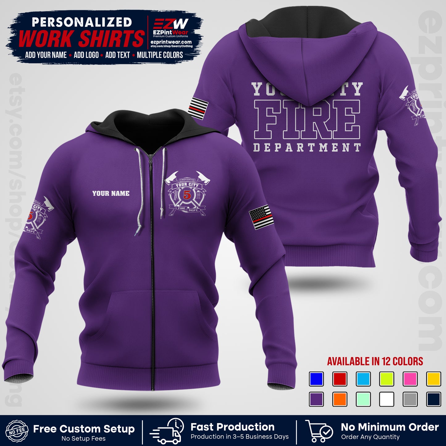 Custom Fire Department Shirt with Name, City Logo & Text | Firefighter Uniform | Button Up Work Shirt FF07