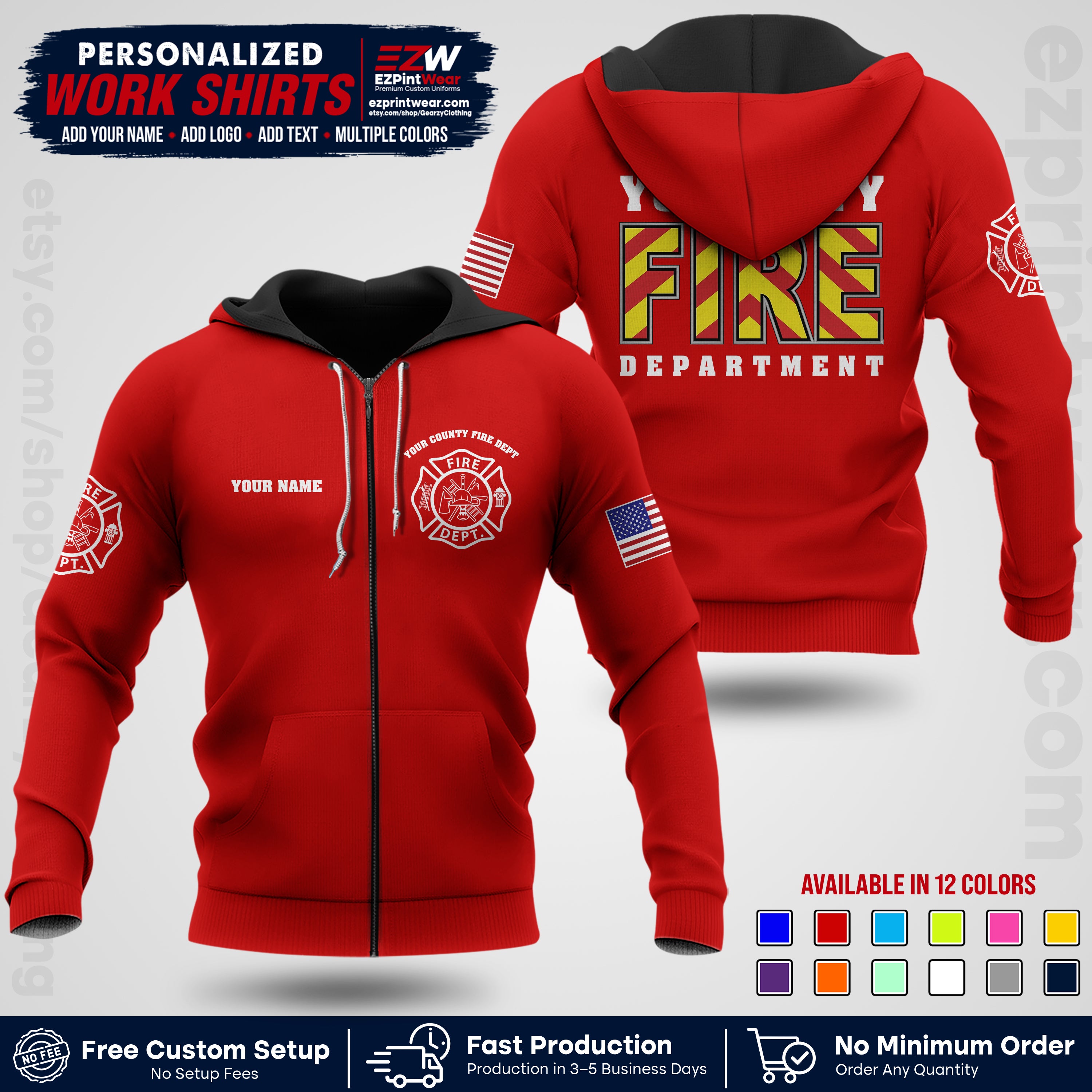 Custom Fire Department Shirt with Name, City Logo & Text | Firefighter Uniform | Button Up Work Shirt FF05