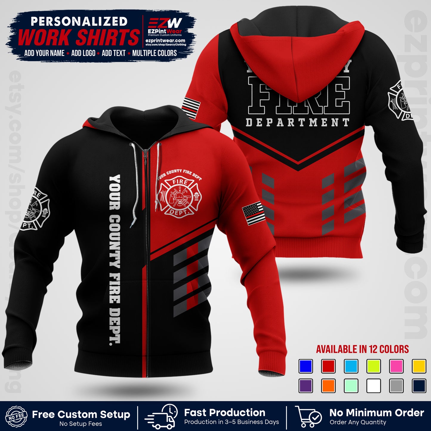 Custom Fire Department Shirt with Name, City Logo & Text | Firefighter Uniform | Button Up Work Shirt FF03