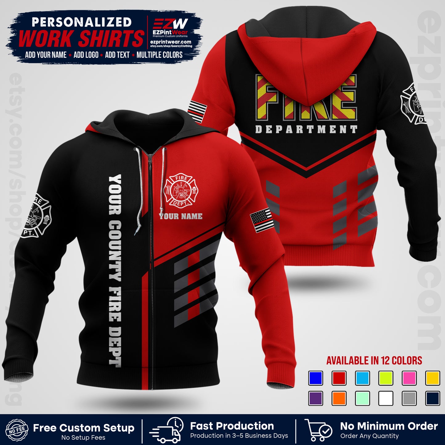 Custom Fire Department Shirt with Name, City Logo & Text | Firefighter Uniform | Button Up Work Shirt FF06