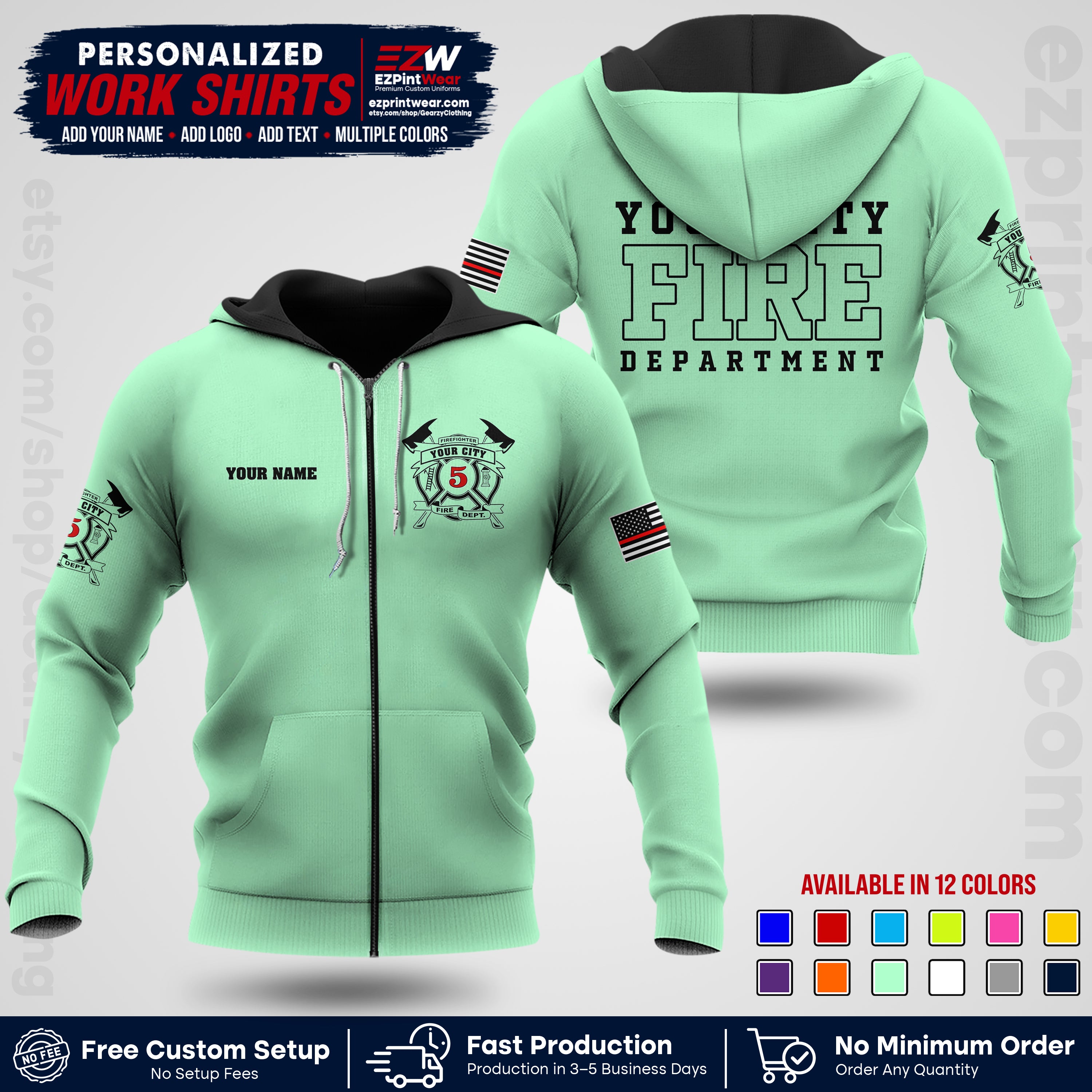 Custom Fire Department Shirt with Name, City Logo & Text | Firefighter Uniform | Button Up Work Shirt FF07
