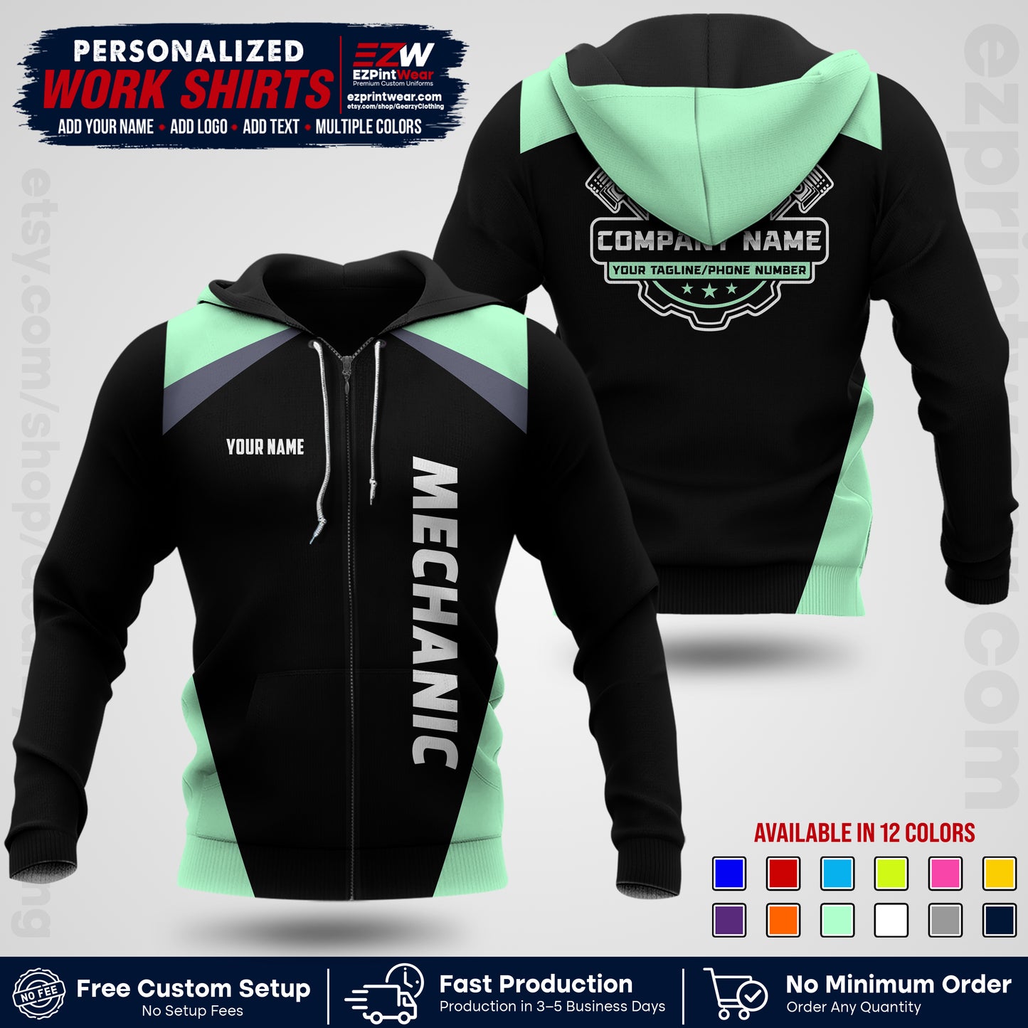 Custom Mechanic Work Shirt with Name, Logo & Text | Auto Shop Uniform | Workwear MCN 02