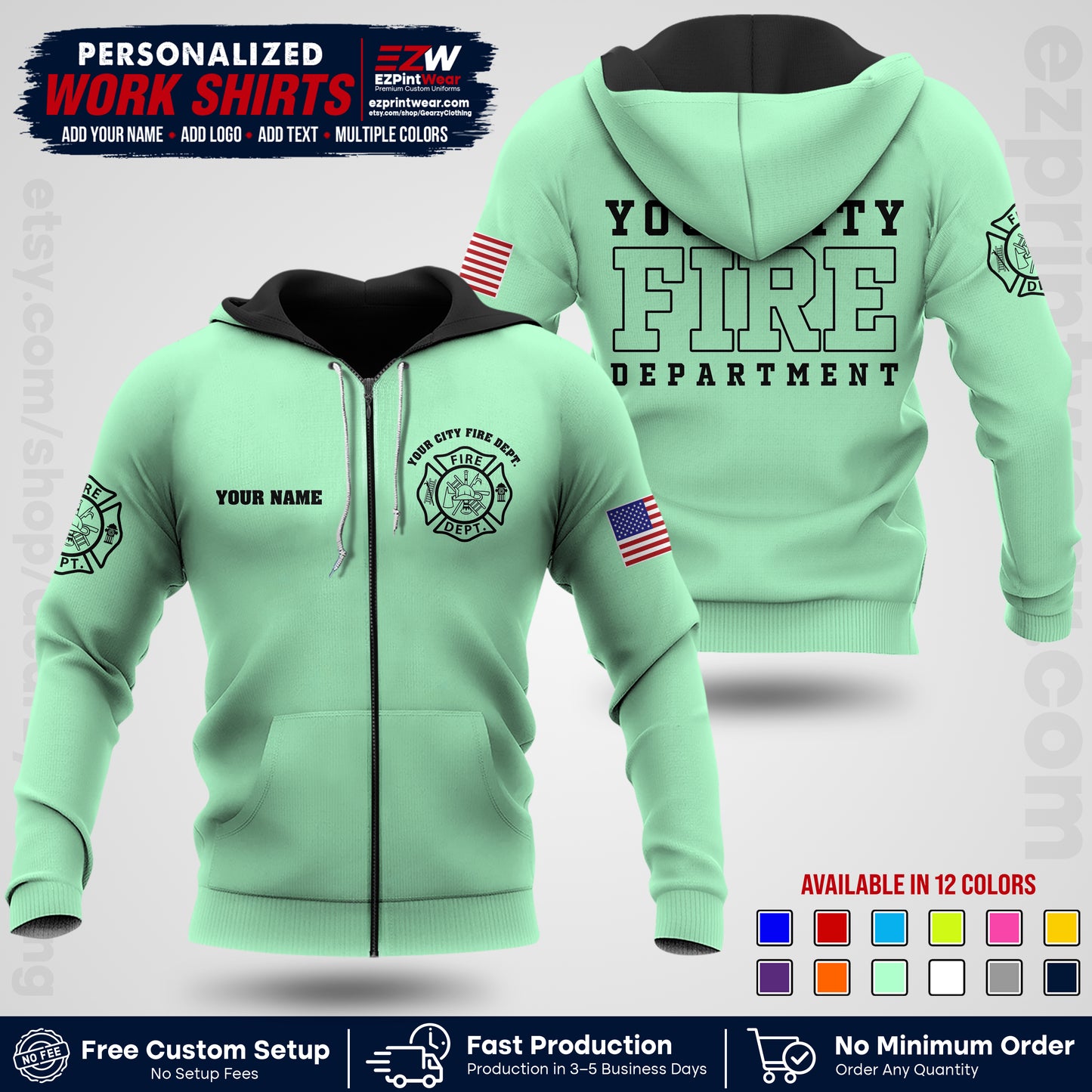Custom Fire Department Shirt with Name, City Logo & Text | Firefighter Uniform | Button Up Work Shirt FF01